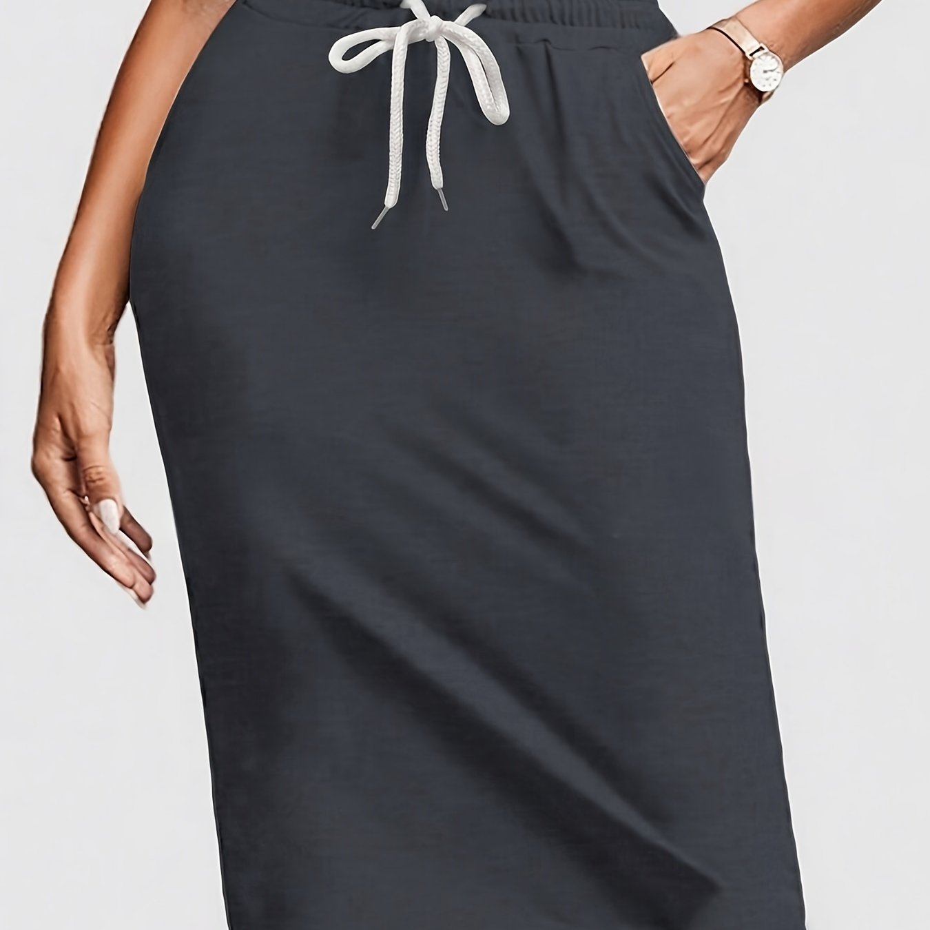 Women's Casual Solid Color Drawstring Waist Pocket Bodycon Dress, Summer