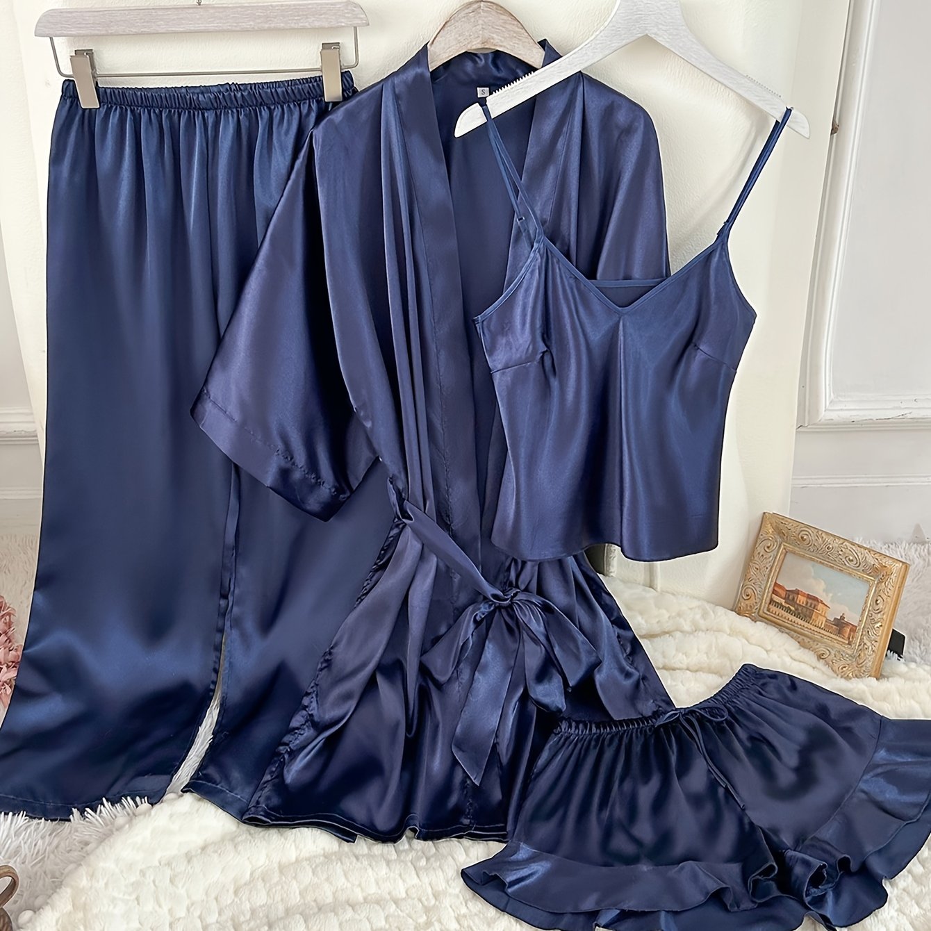 TEMU Women's Rayon Four- Set With Camisole, Shorts, And Pants, 4pcs Set