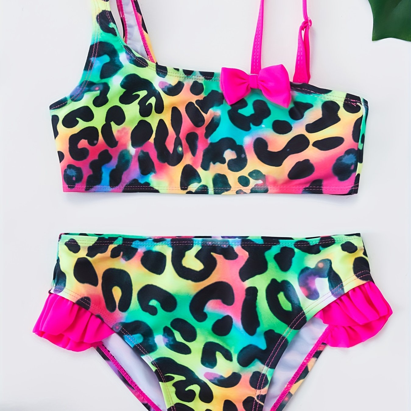 Image of Girls' Set, Trendy Off-shoulder Leopard Print Cute Bow Split Swimsuit