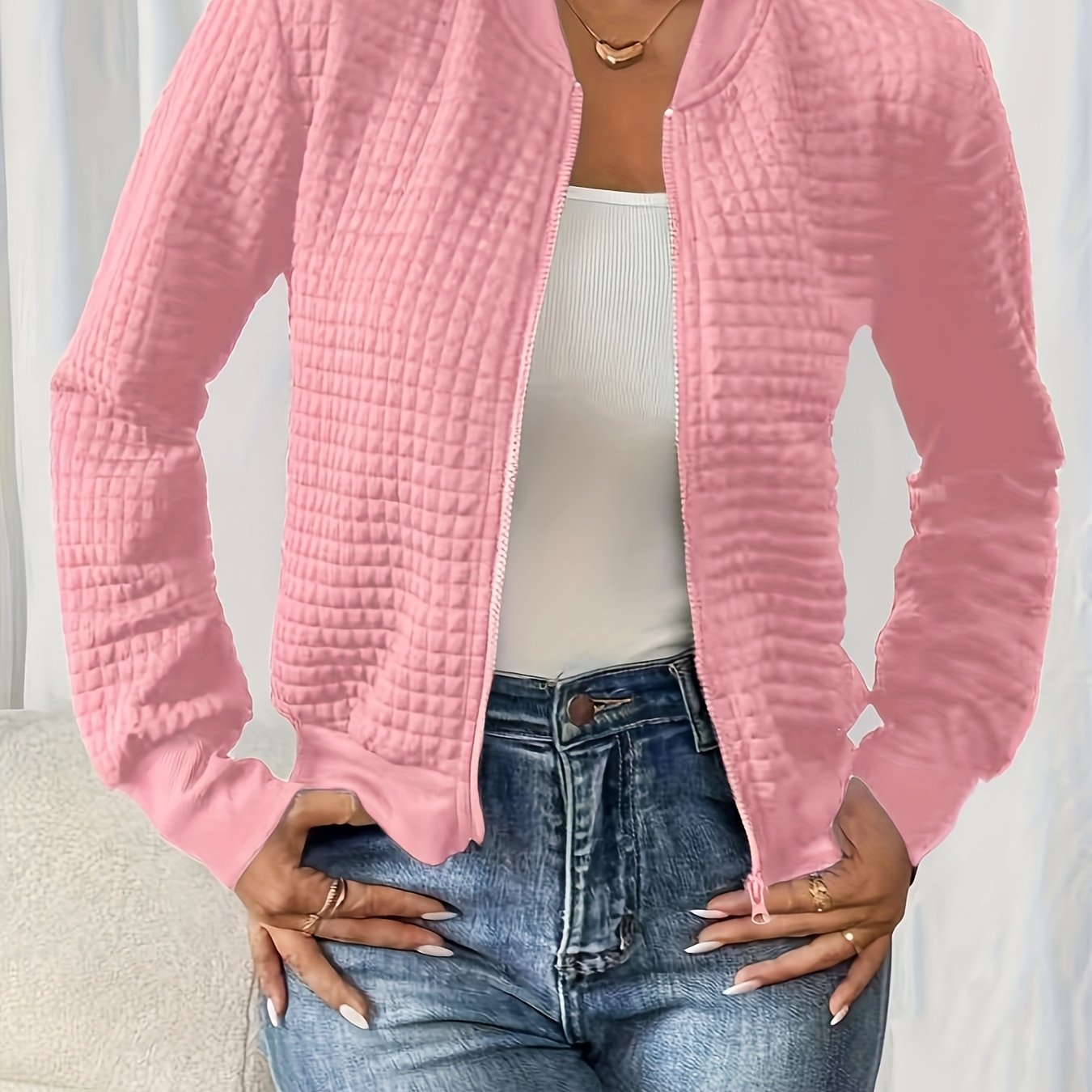 TEMU Spring And Autumn Waffle Zip-up Cardigan Casual Baseball Jacket