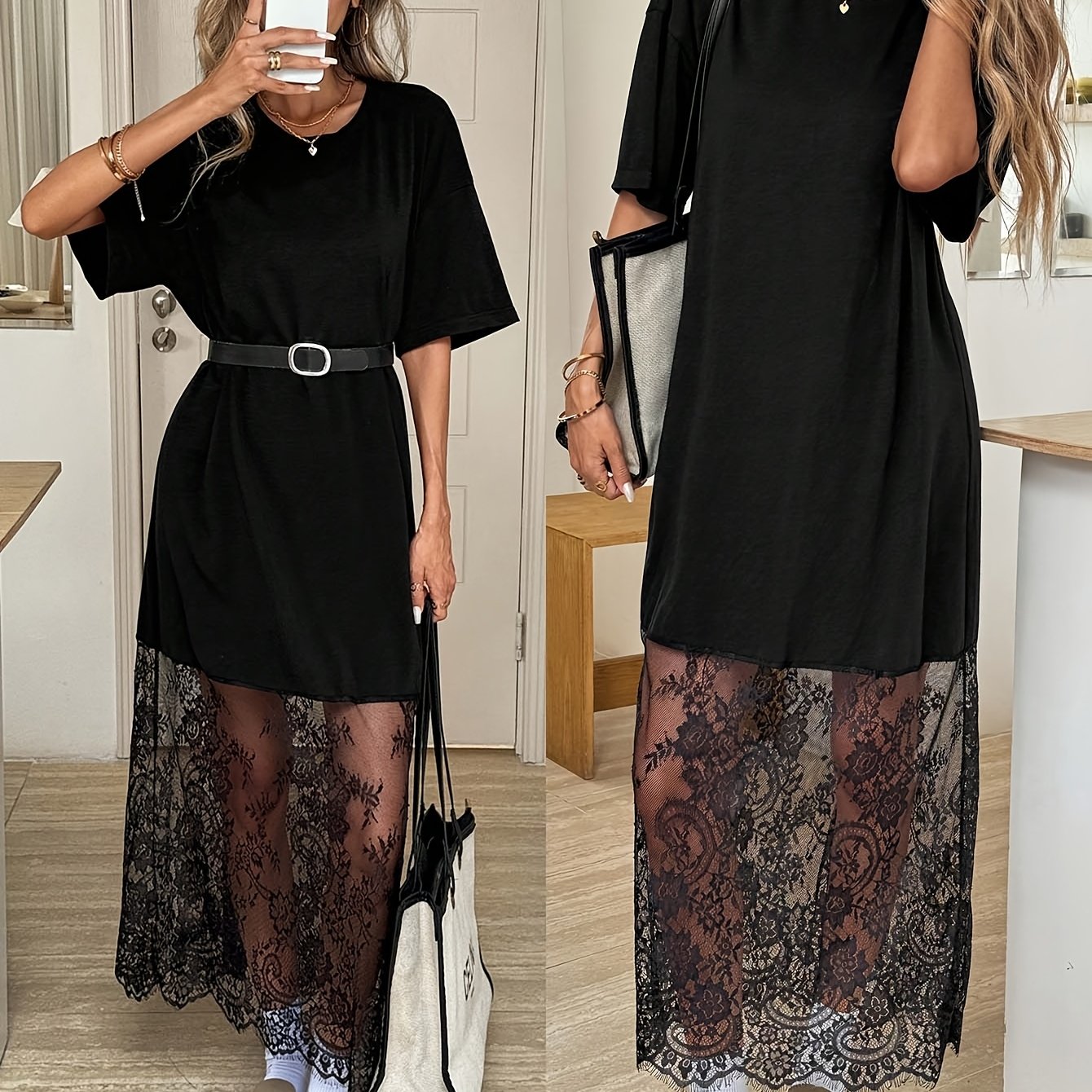E-shop Elegantes Spitzenkleid mit langem Rock, Easowa, einfarbig, Rundhalsausschnitt, kurze Ärmel, lockeres, lässiges Spitzenkleid, geeignet für