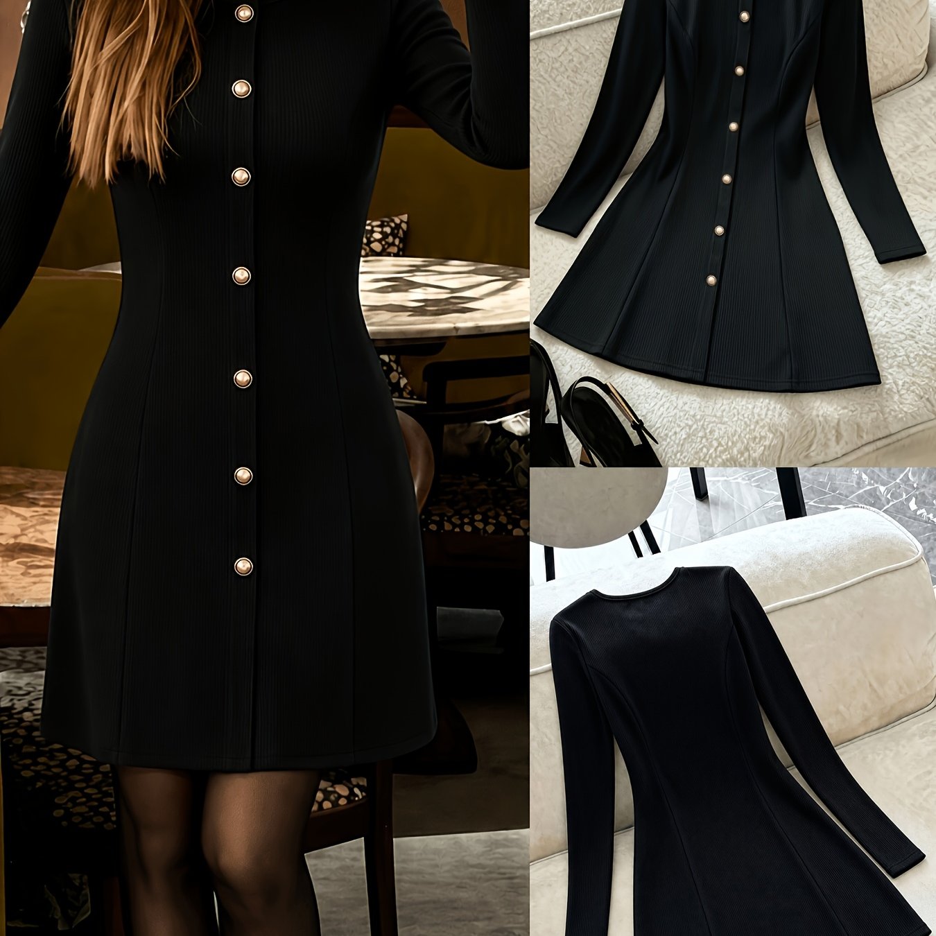 TEMU Women's Black Long-sleeve Slim-fit Dress, Ribbed Fabric, Button Decoration, Elegant, Date Night Mini Dress, Buttons