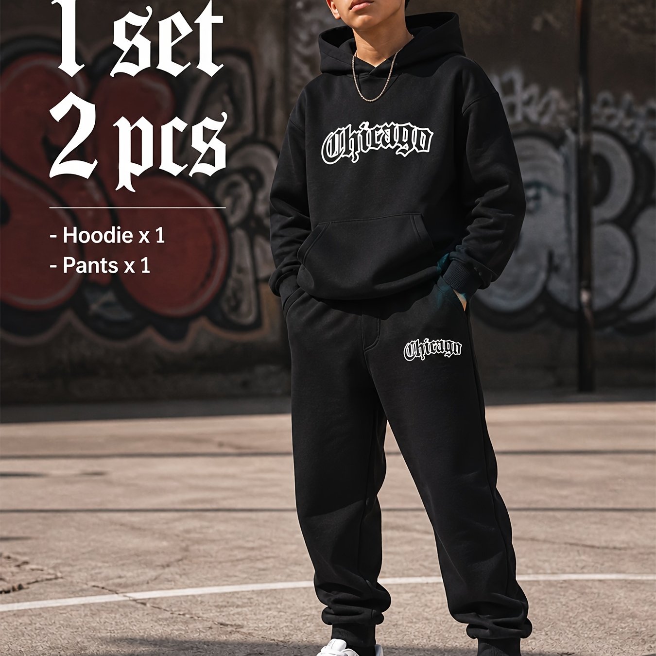 Image of Chicago Letter Print Boys And Girls Spring/fall Fashion Hoodie + Sweatpants 2pcs Set, Perfect For Outdoor
