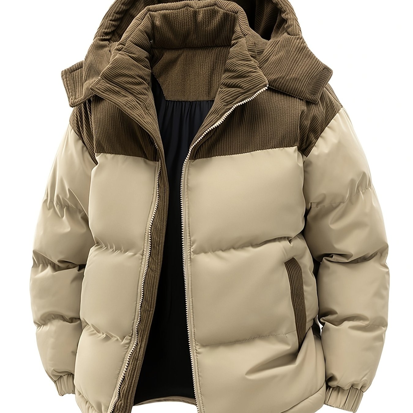 TEMU Winter 's Thickened Warm Contrast Color Unisex Jacket, Casual Outdoor Warm Hooded Coat With Zipper, Suitable For Hiking, Skiing And Cold Weather