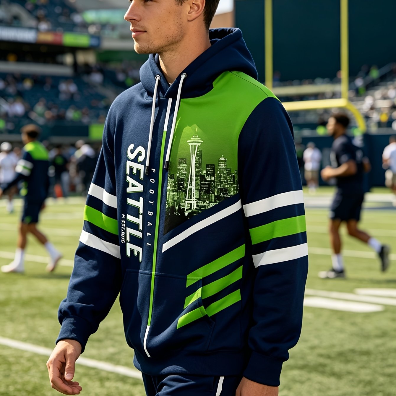 TEMU Men's & Women's Full-body Print Sweatshirt - Scene With Round Neck Pullover, Game Day Outfits, Casual Long Sleeve Hoodie (machine Washable) For