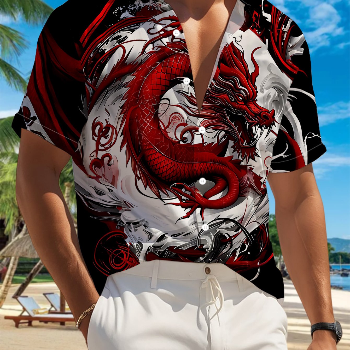 TEMU 's Casual Short-sleeve Shirt. Amidst The Red, White, And Black Patterns. Background Makes It And . A Versatile Casual Top Suitable For Holidays,