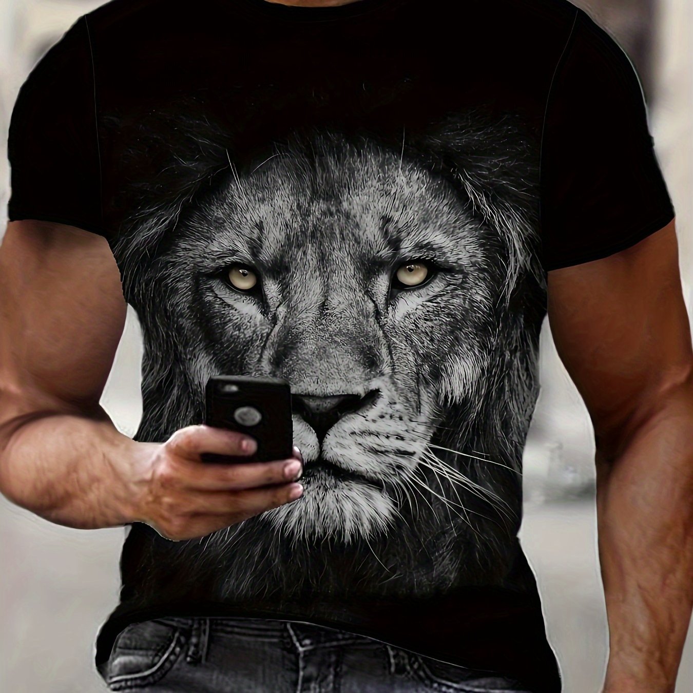 Men's 3d Print Lion Graphic T-shirt, High-definition Design, Casual Short-sleeve Summer Outdoor Wear