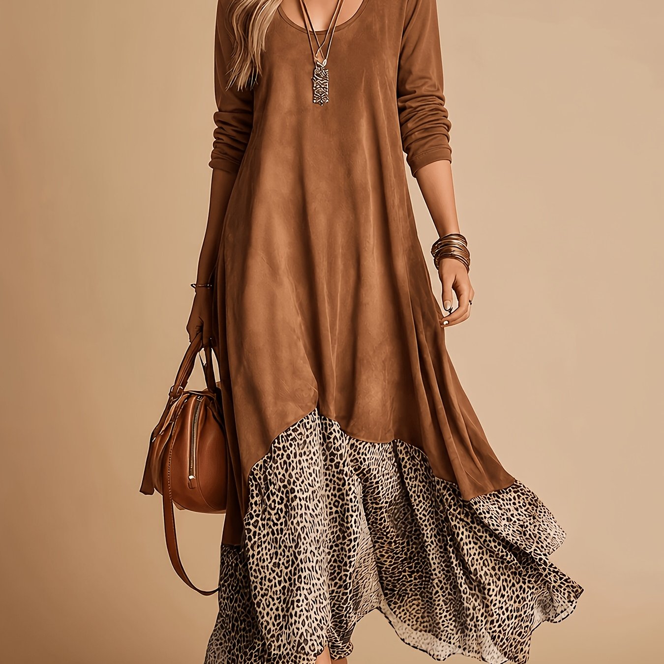 TEMU 2026 Color Block Round Neck Dress For Women