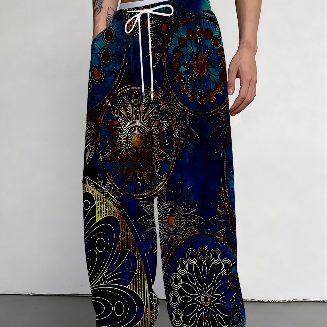 TEMU Men's Wide-leg Loose-fit Casual Pants - Suitable For Mandala & Sunrise Print Pants, Meditation, Casual Wear - Machine Washable Comfortable