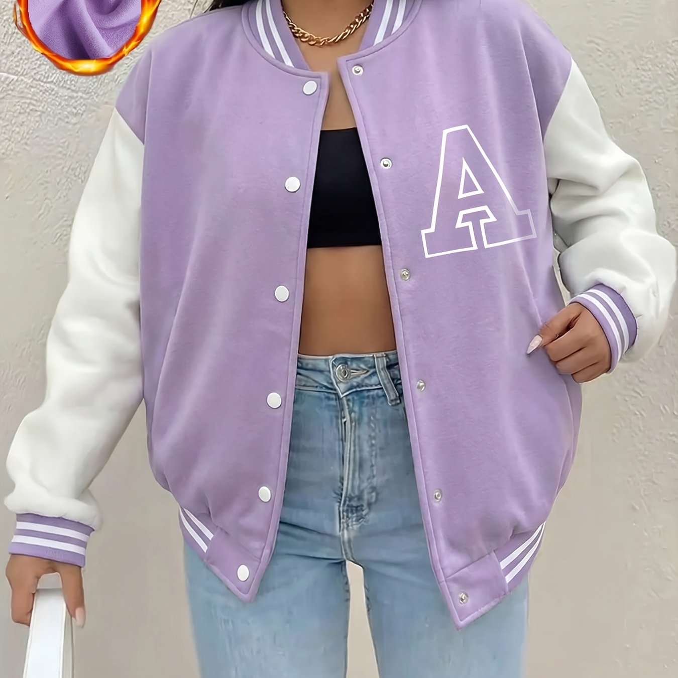 TEMU Women's Fleece Baseball Jacket With Street-style Letter A Print, Featuring Snap Buttons, Perfect For Casual Outdoor Sports In Autumn And Winter,
