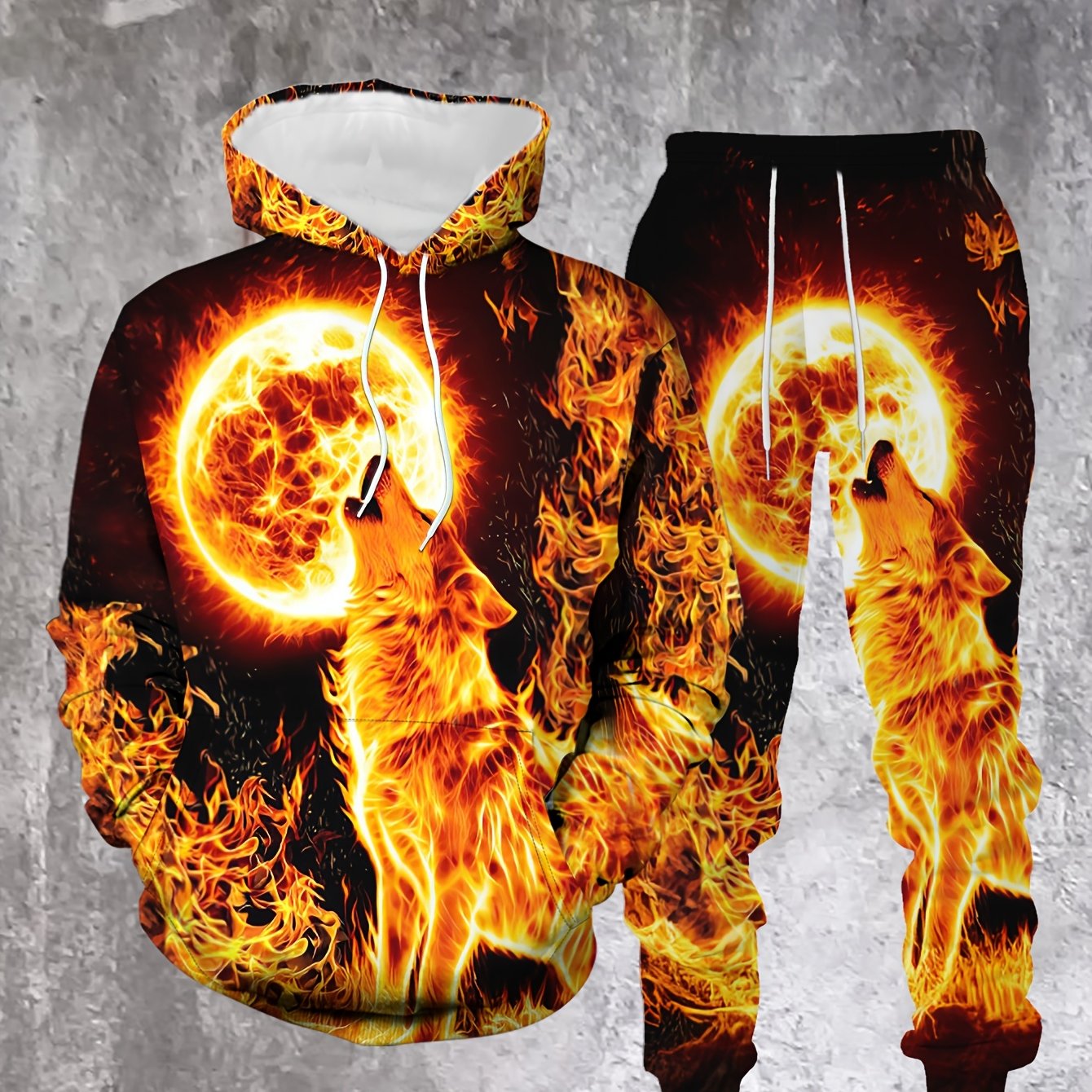 Image of Men's Hooded Sweatshirt And Pants Set | Flame Wolf Print, Casual Fit, Spring/fall Season, Stretch Fabric With Pockets