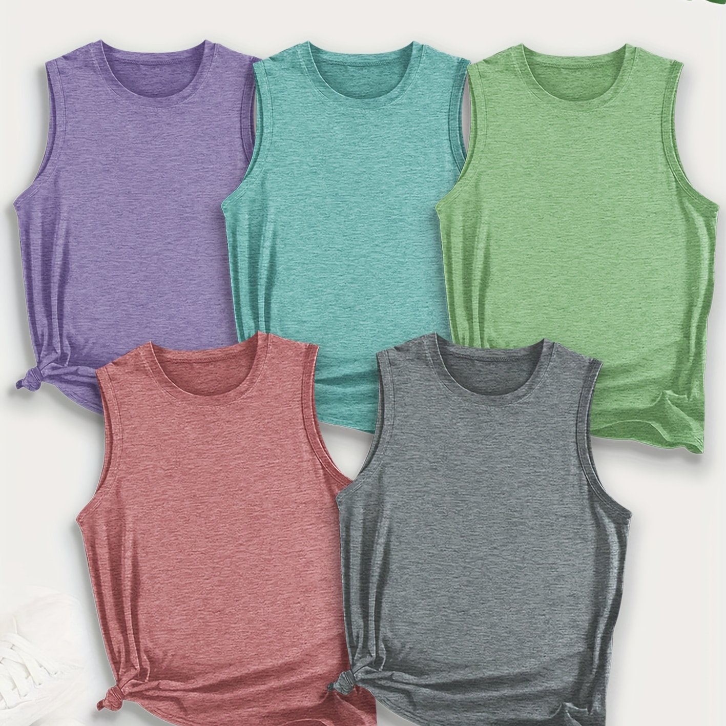 TEMU 5pcs Set Of Fashion Solid Color Round Neck Women's Sleeveless Vest Top Combination Suitable For Summer Outdoor Leisure Sports