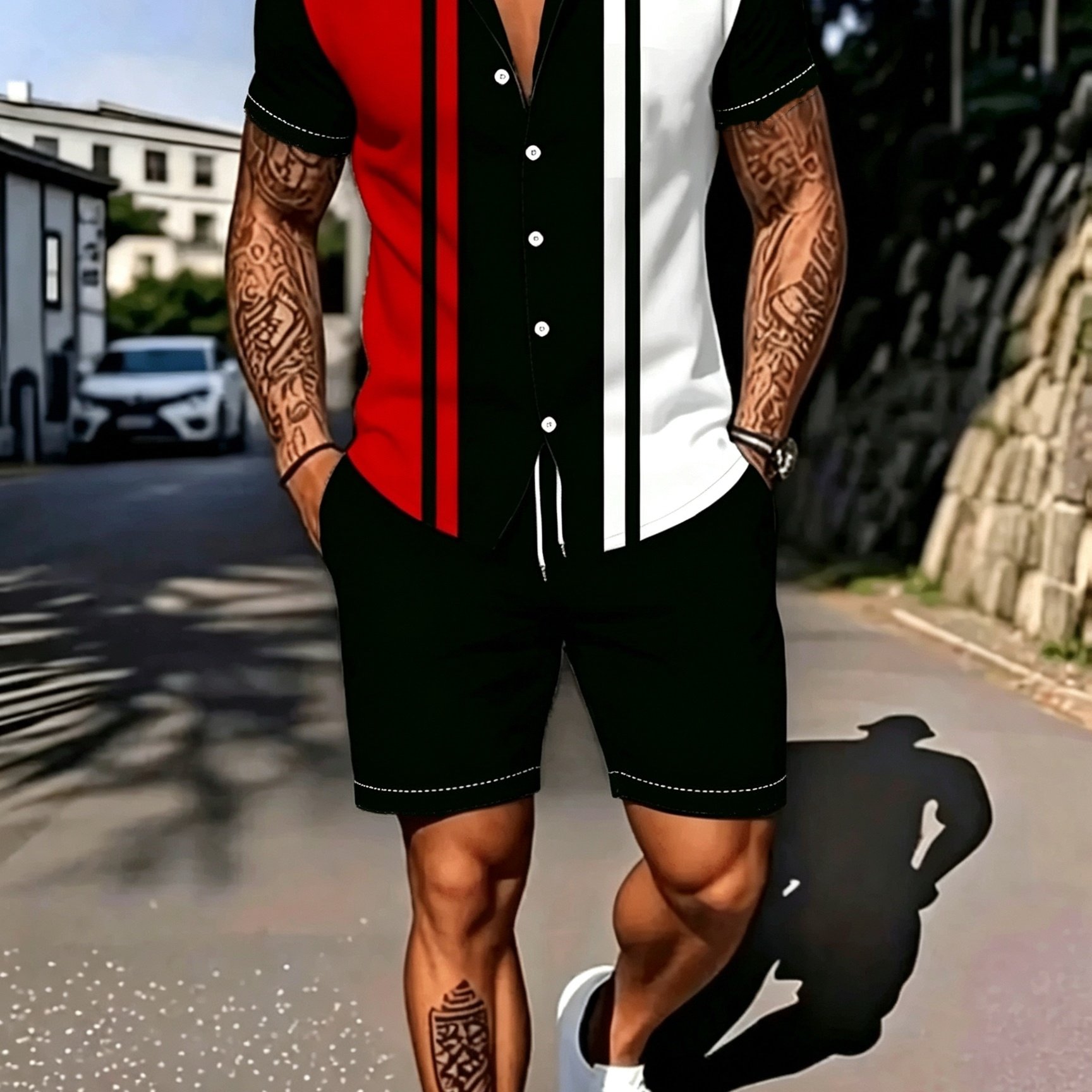 TEMU Men's Fashion Shirt And Shorts Set - Red White Black Contrast Striped Pattern - Men's Easy Short Sleeve Top And Shorts 2pcs Outfit