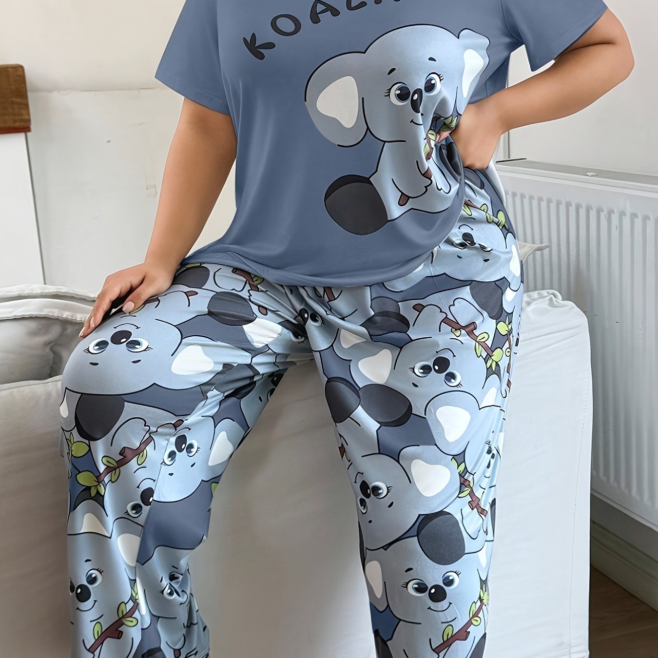 Image of Plus-size Gray Fiber Fabric Koala Print Short-sleeve Pajama Set, Casual, Comfortable, Soft