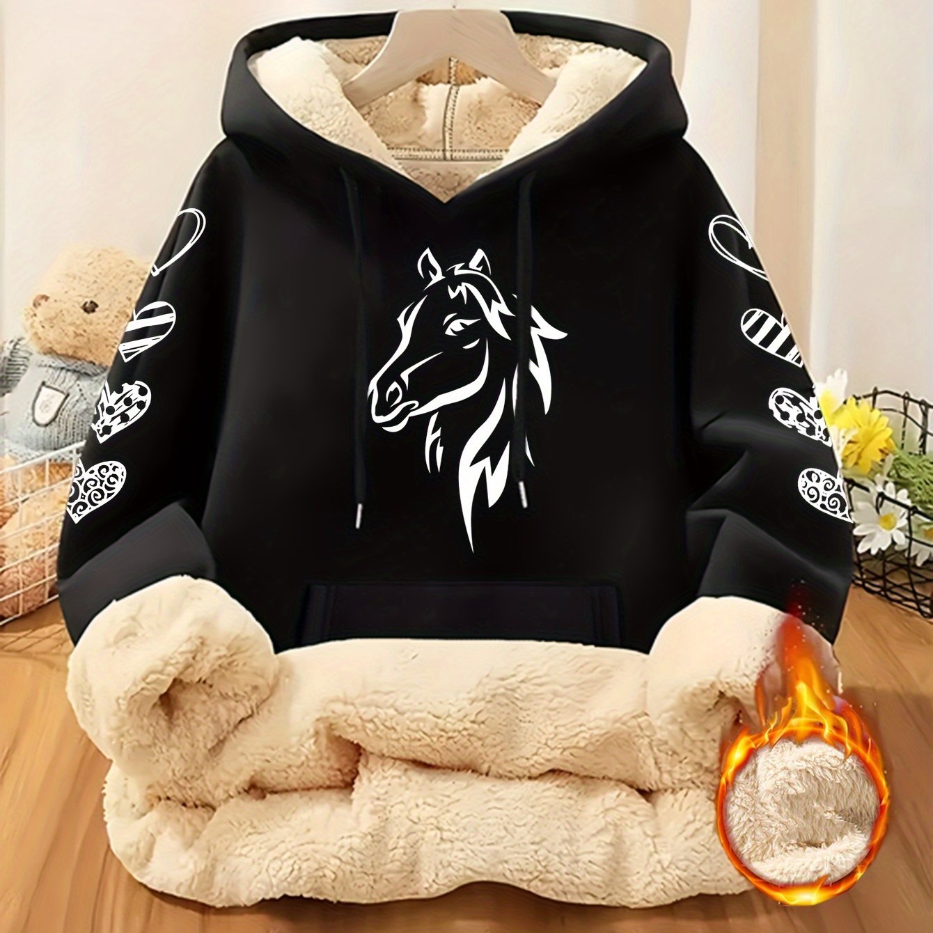 TEMU Women's Minimalist Horse Style Creative Printed Comfortable -friendly Fleece-lined Warm Casual Hoodie, Women's Hoodie, Women's Fleece-lined Top