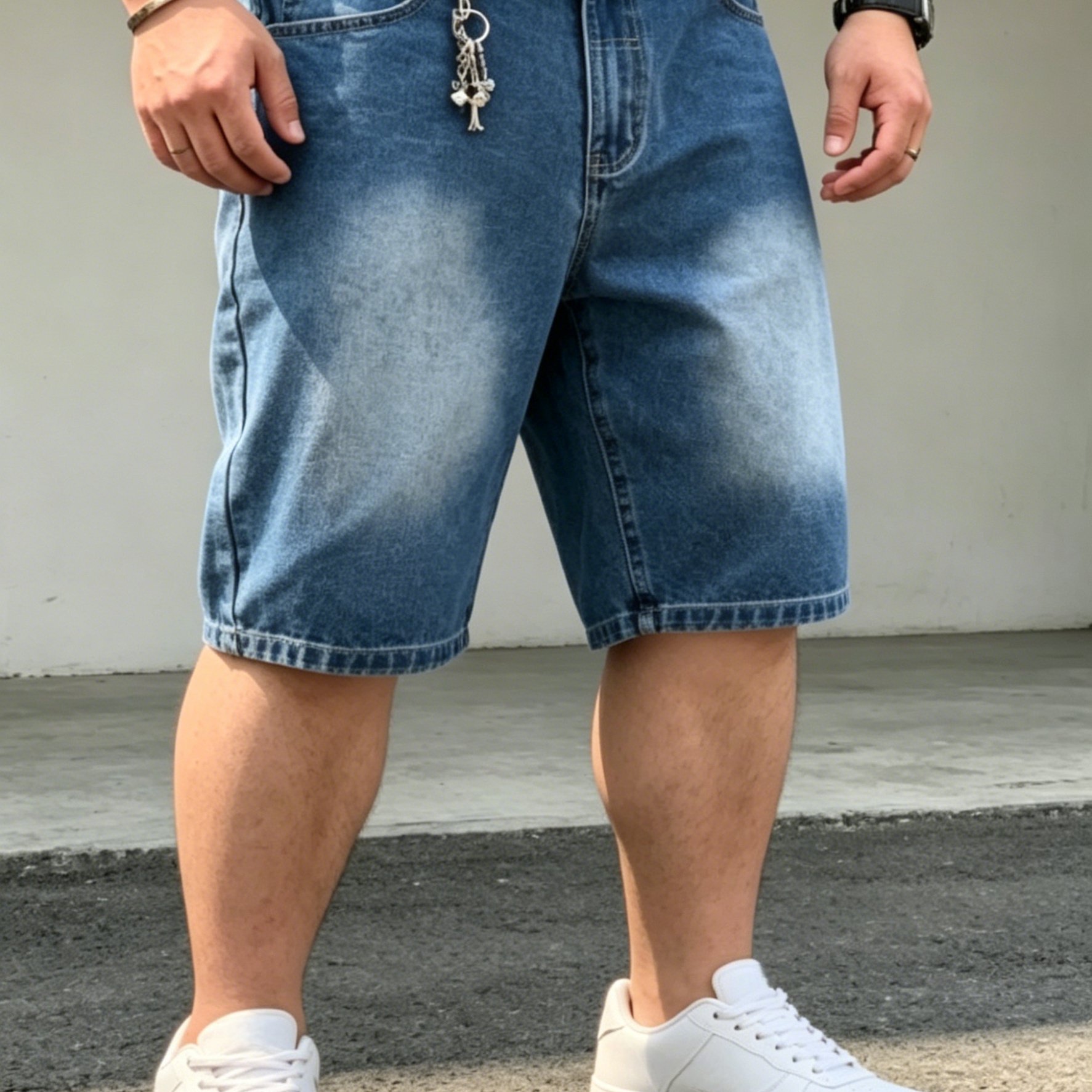 Image of [hme]z366 Spring Summer Casual Plus Size Men's Denim Shorts, Washed Vintage Design, Loose Comfortable Straight Five-inch Cut, Simple And Versatile, Suitable For Daily And Street Wear, Plus Size