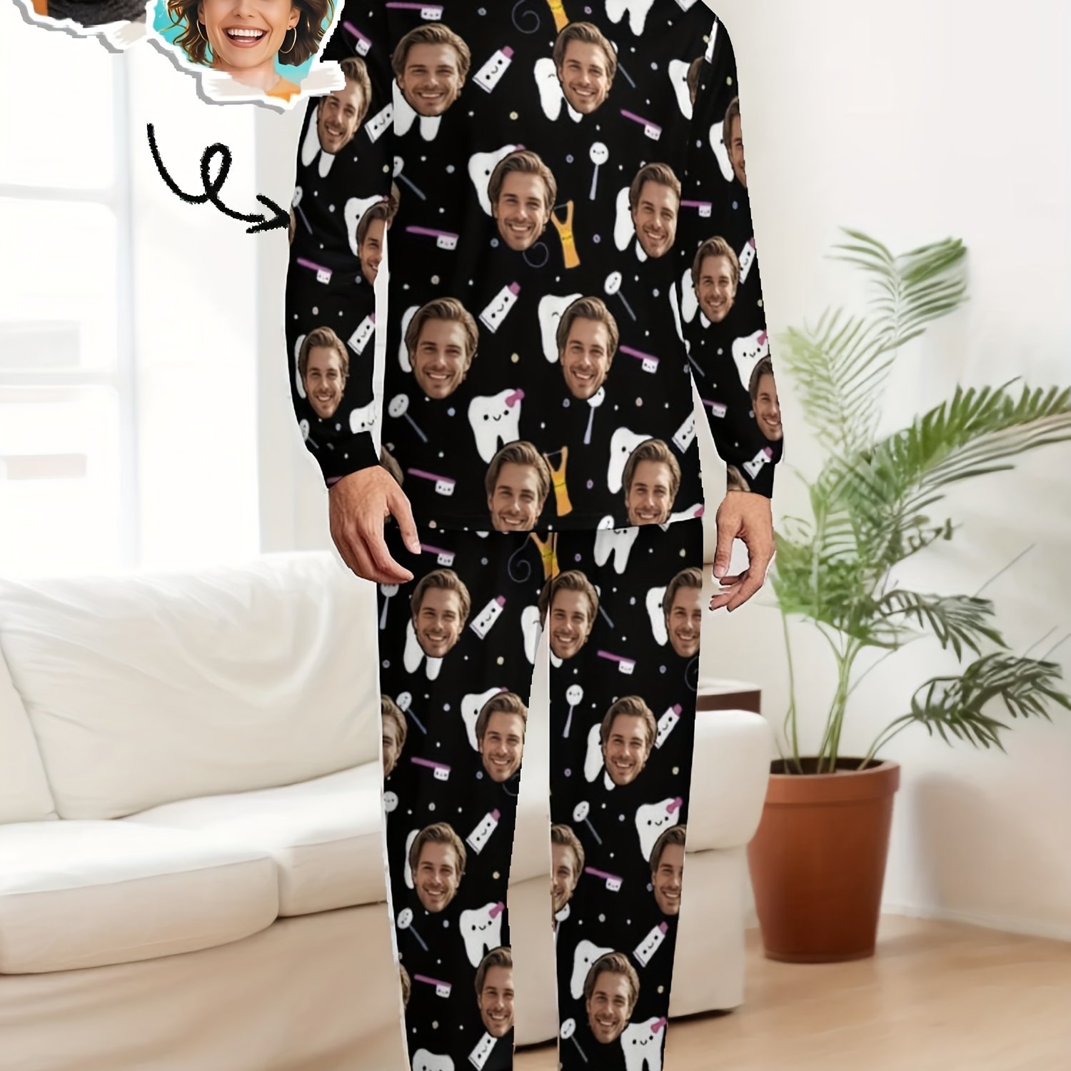 TEMU Conjunto de pijama YY para hombre con estampado de cara personalizado, pijama térmico de larga con foto de cara personalizada y , ropa de estar
