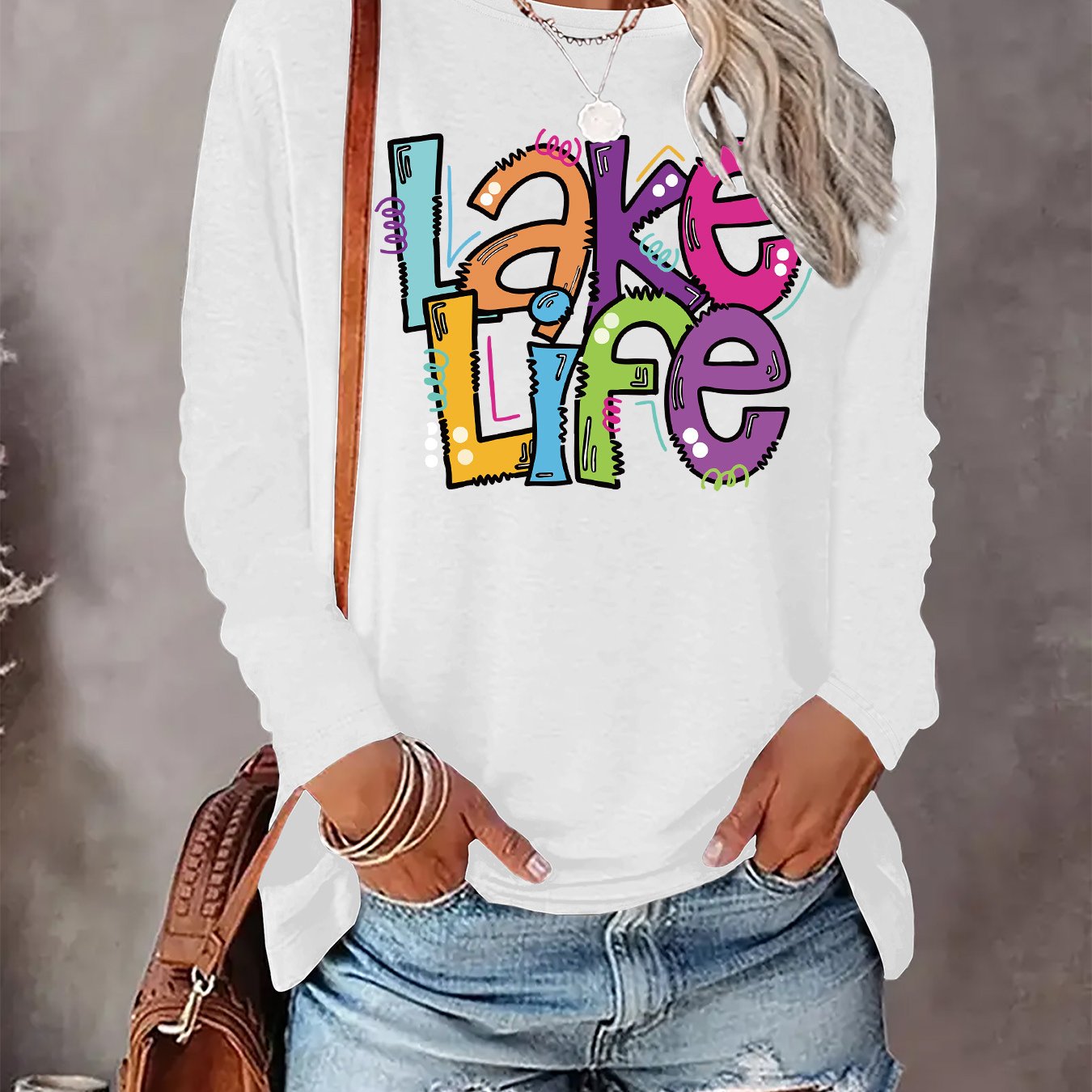 TEMU Women's Casual Long-sleeve T-shirt With "" Graphic Design - White Crew Neck, , Casual Attire|graphic Tee|