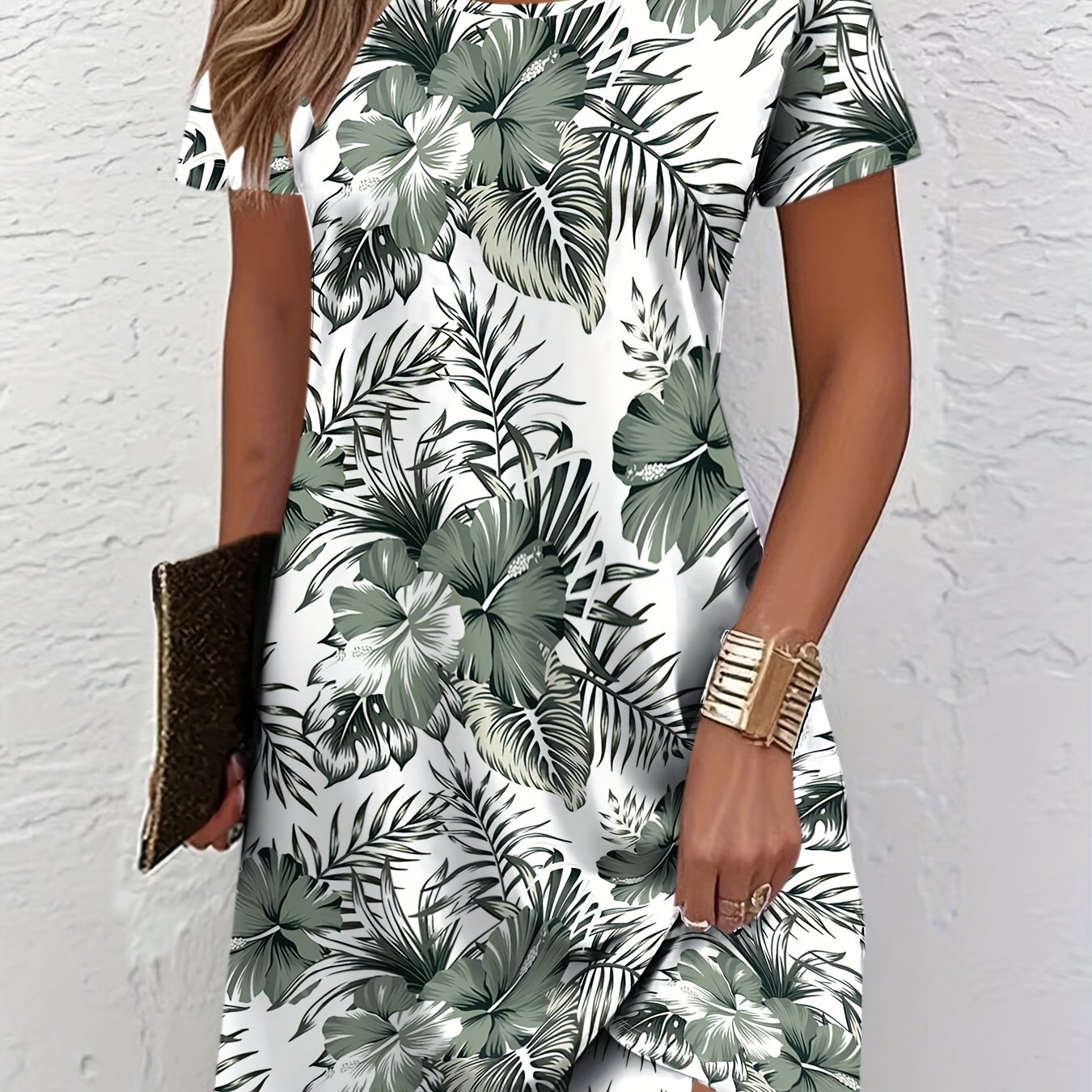 Women's Tropical Leaf Print A-line Dress - Short Sleeve, Round Neck, , Stretch Fabric, Spring/summer Casual Wear, Tropical Flower Dress, Summer Fashion, Medium Elasticity