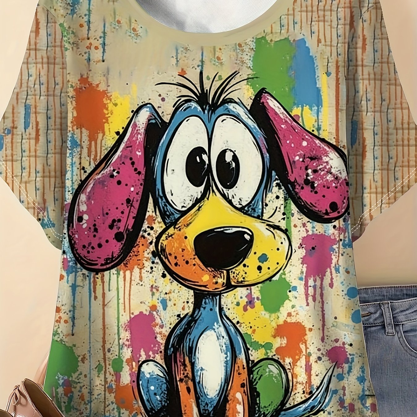 Image of Plus Size, Women's Plus Size Cartoon Dog Print T-shirt, Casual Round Neck Short Sleeve Top For Summer Outdoor Wear