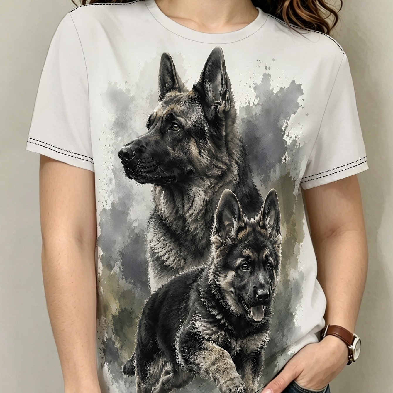 TEMU Shepherd Watercolor Duo Women's Casual Short Sleeve T-shirt