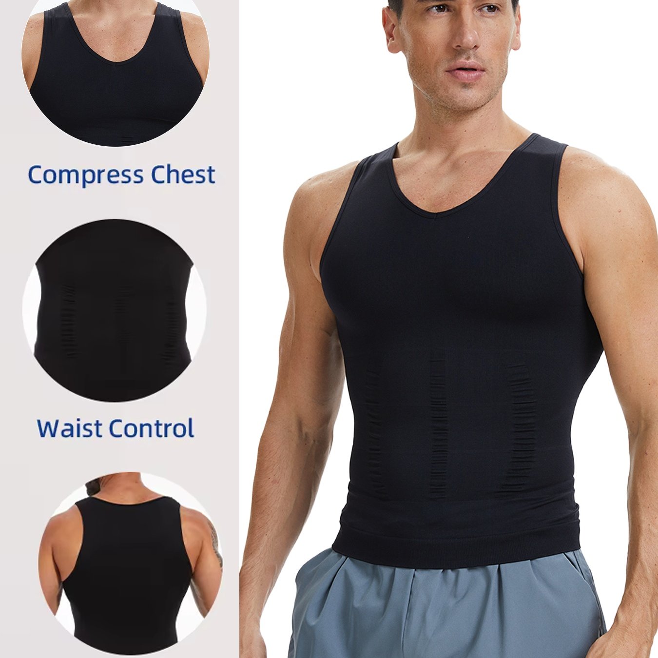 E-shop Herren V-Ausschnitt Ärmelloses Body Shaper, Schlankmachende Brust und Fitness Weit ausgeschnittener Schulterriemen Kompressionsweste,