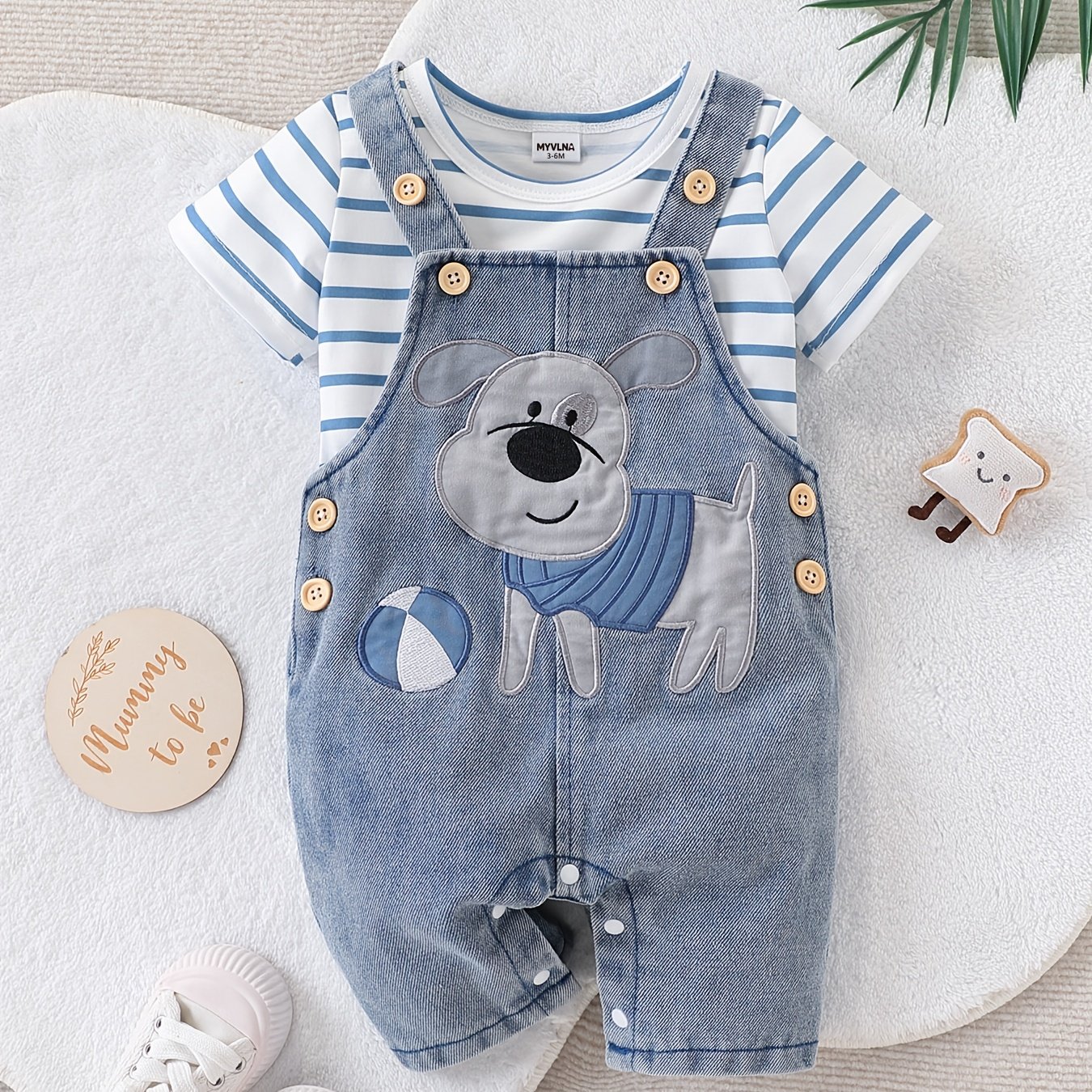 Image of Baby Boy Striped T-shirt And Bear Denim Overalls Set Cute Cartoon Outfit For Summer Casual Playwear, Perfect For Outdoor