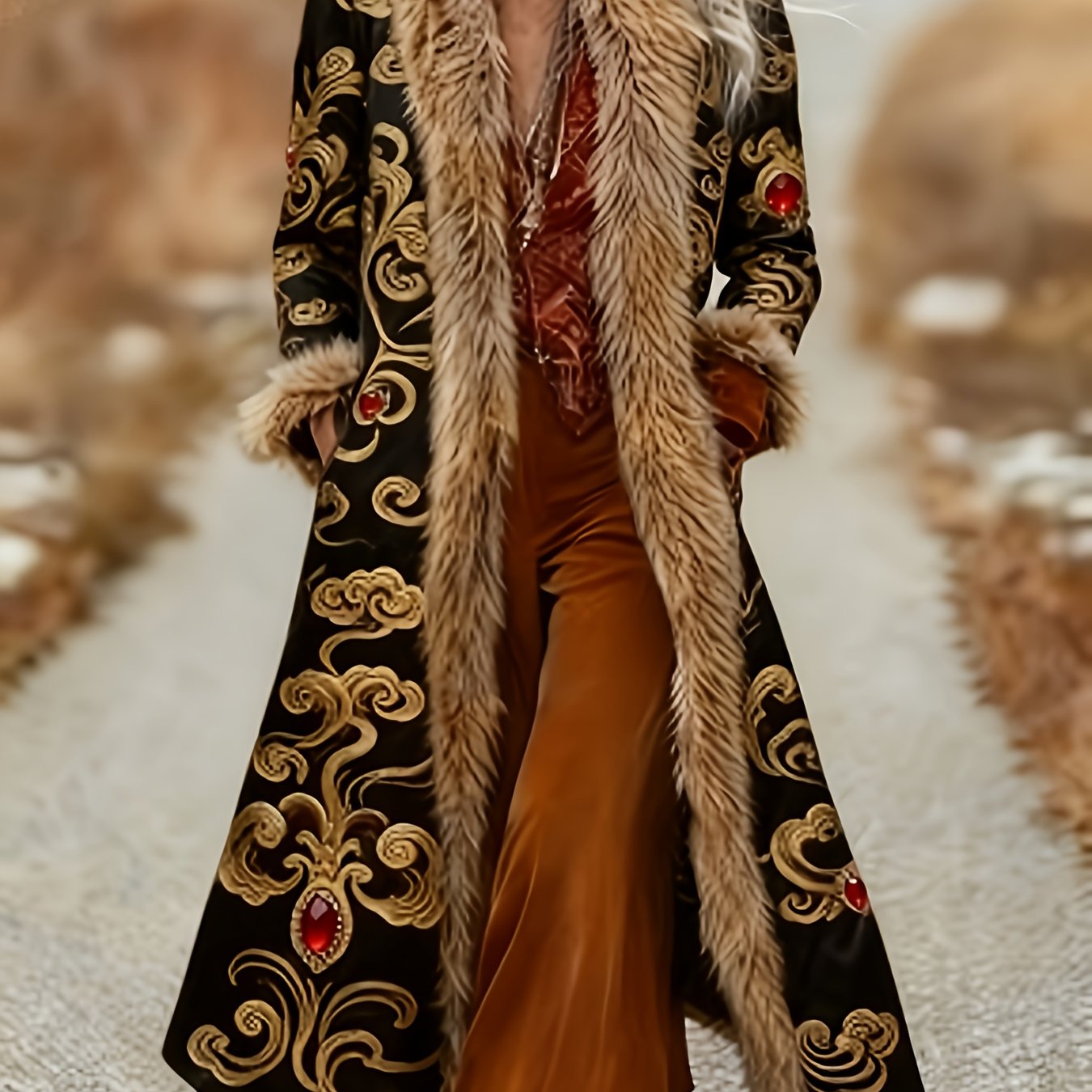 Printed Design Not Textured Ladies' Western Retro Style Autumn And Winter Warm Long-sleeved Retro Printed Jacket Coat - Western Printed Jacket Lapel Coat