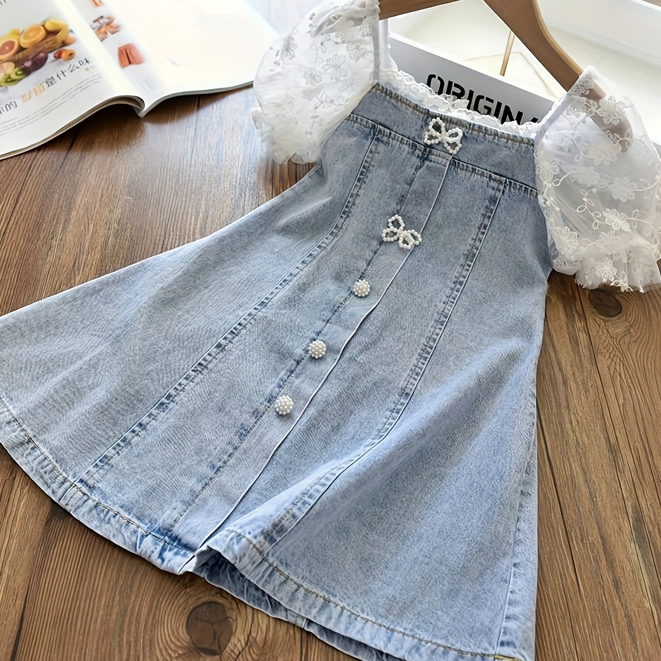 Girls' Temperament Pearl Bubble Sleeve Soft Denim A-line Skirt Fashion Dressy Dress Summer New