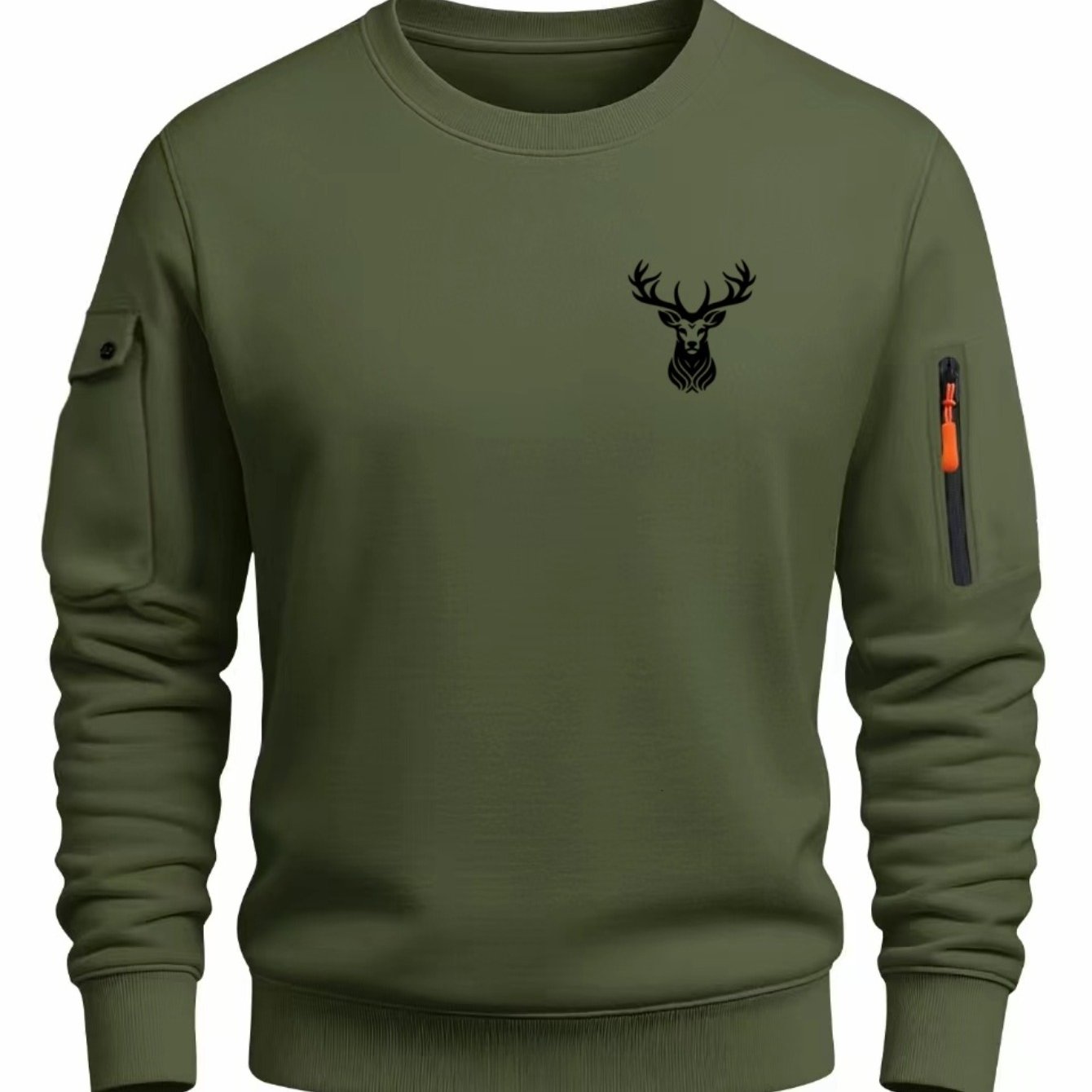 TEMU Men's Workwear Neck Sweatshirt With Deer Head Print, Multi-functional Sleeve Pockets, Outdoor Casual Long Sleeve