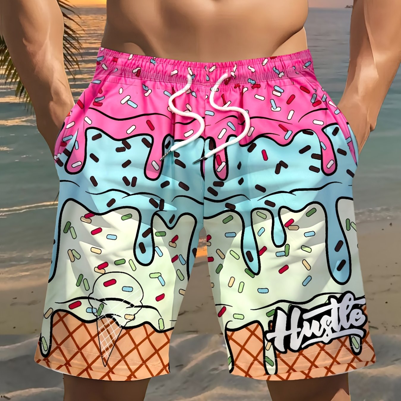 TEMU Men's Vibrant Ice Print Beach Shorts - Lightweight Polyester Drawstring Waist Casual Shorts For Summer, Golf, Fishing, Basketball, Camping, Gym,