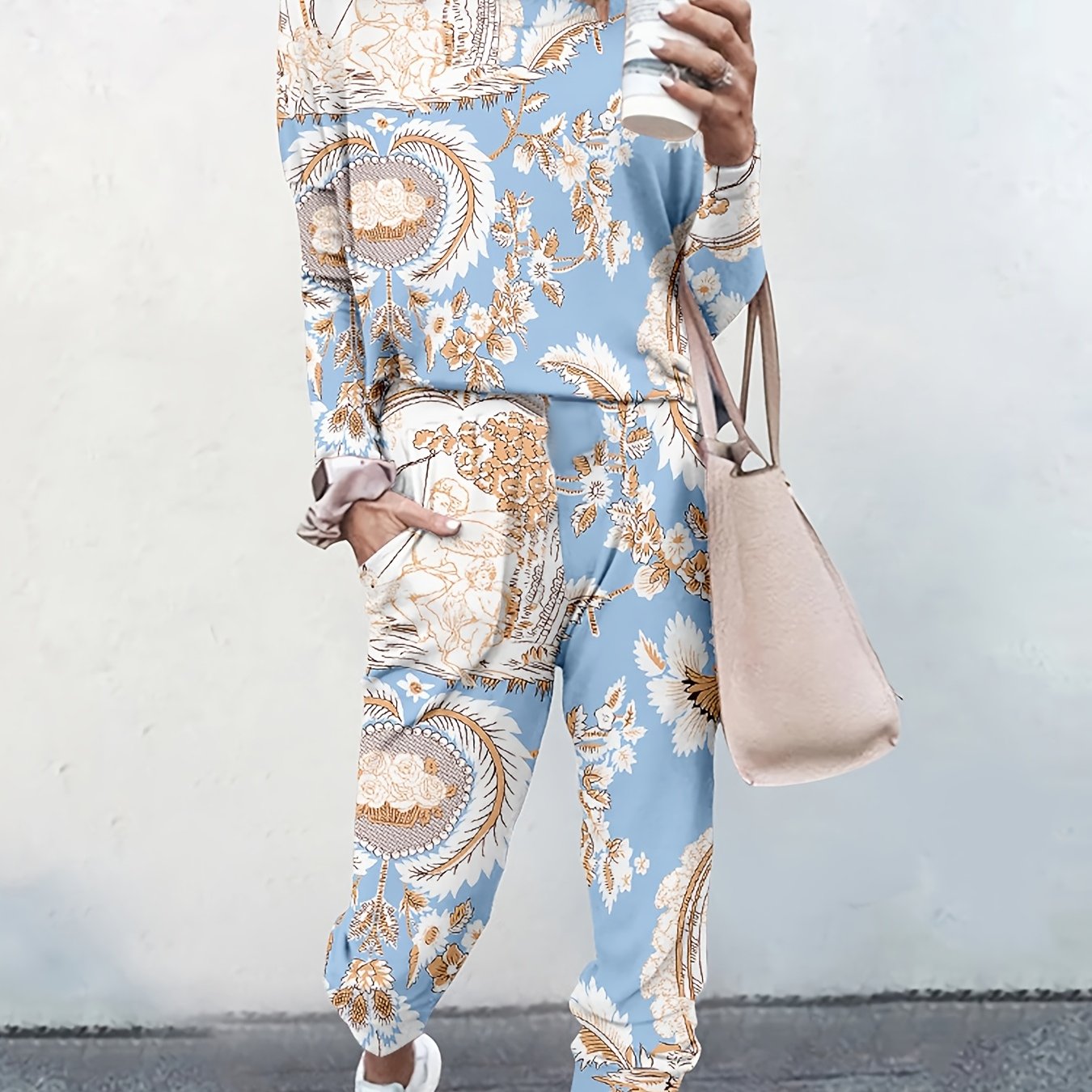 Women's Geometric Print Long Sleeve Casual Long Pants Women's Set