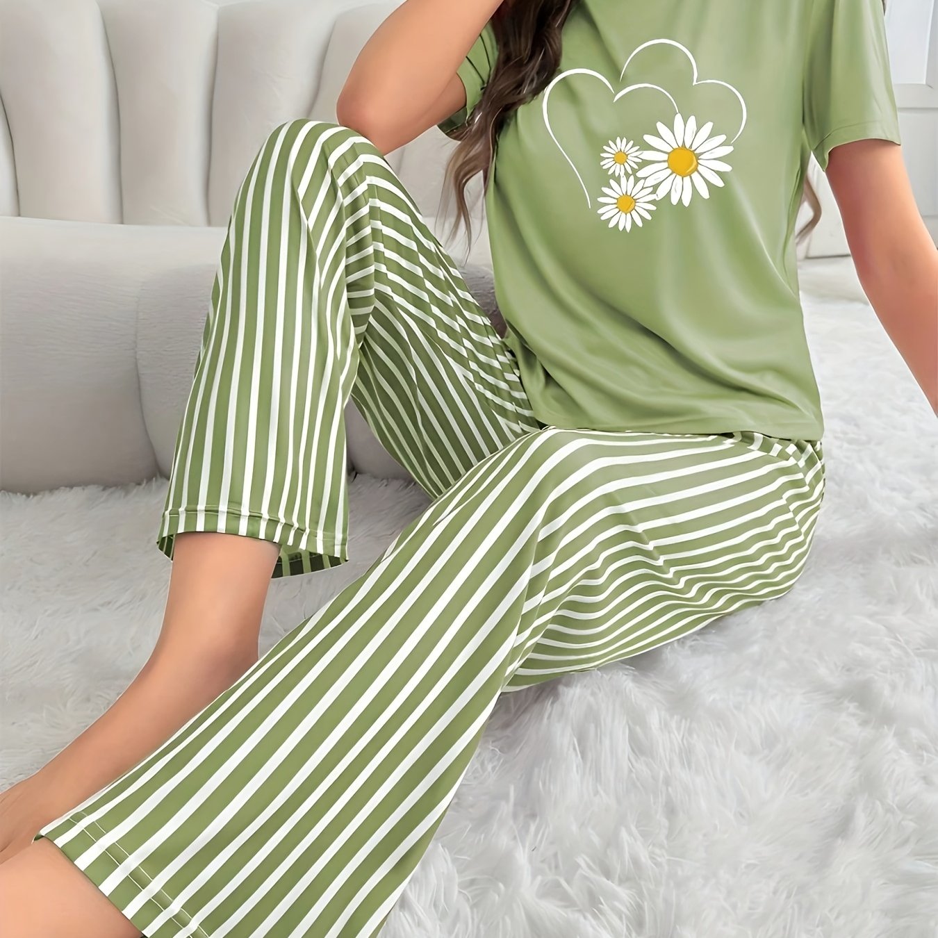 TEMU 2pcs/set Women Casual Comfortable Heart Print Short Sleeve Top And Striped Long Pants Pajama Set