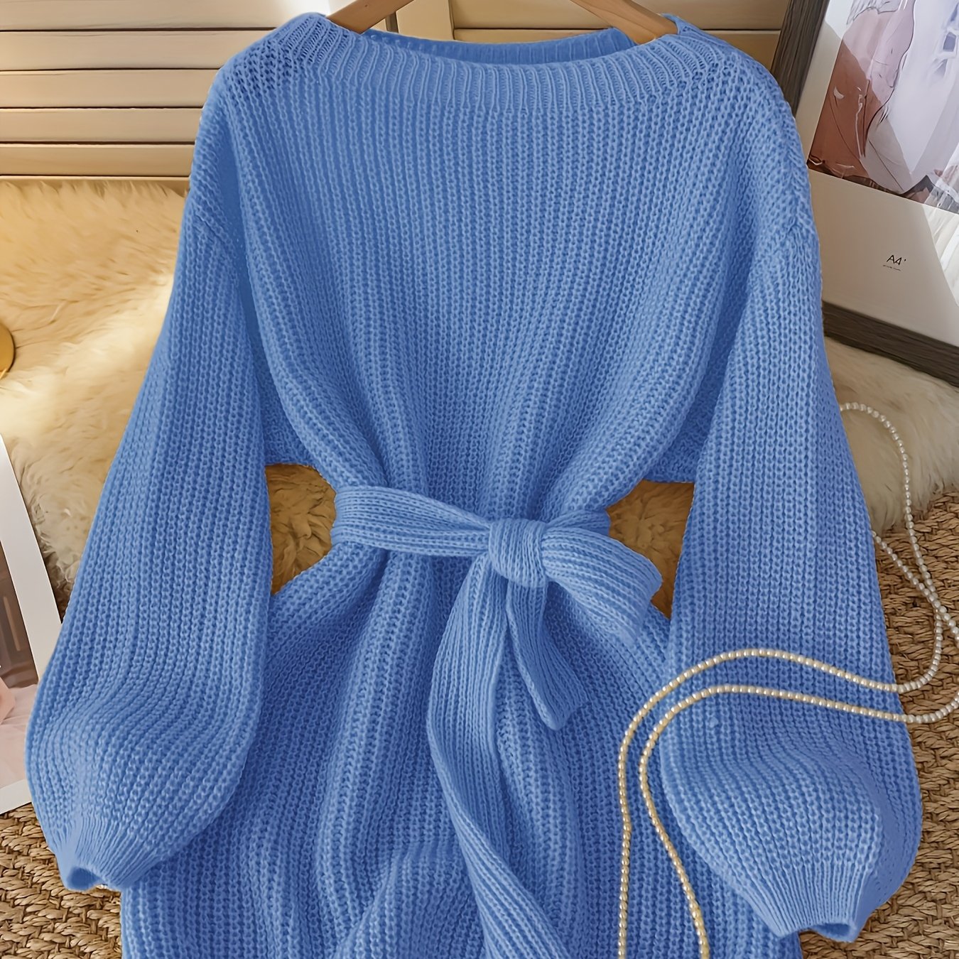 Lazy Style Soft And Versatile Tie-waist Sweater For Women, New Autumn/winter Loose Fit Slenderizing Stylish Off Shoulder Top