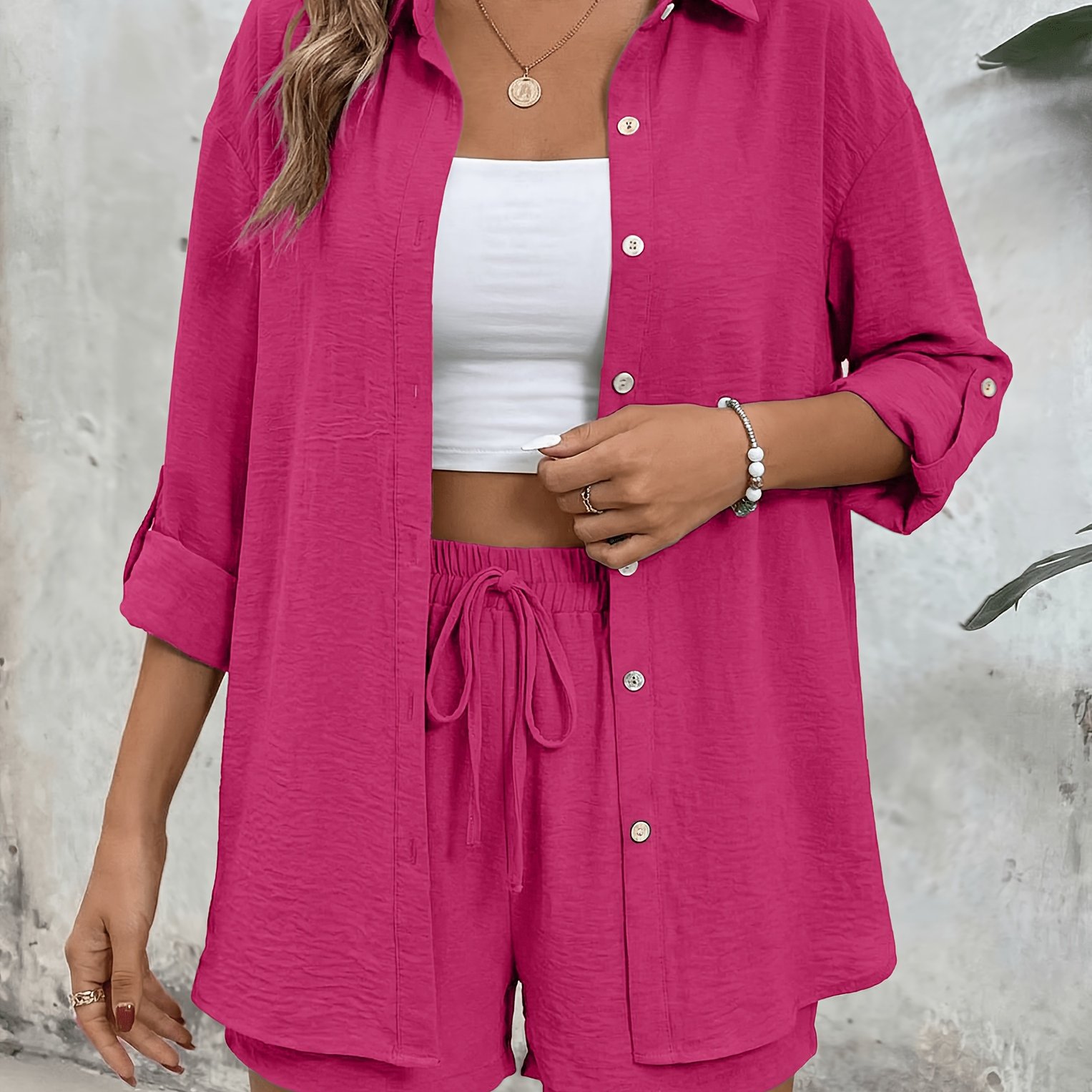 TEMU Spring And Summer Solid-color Long-sleeve Shirt And High-waisted Shorts Set - A Fashionable, Comfortable Outfit Perfect For Home And Travel. A
