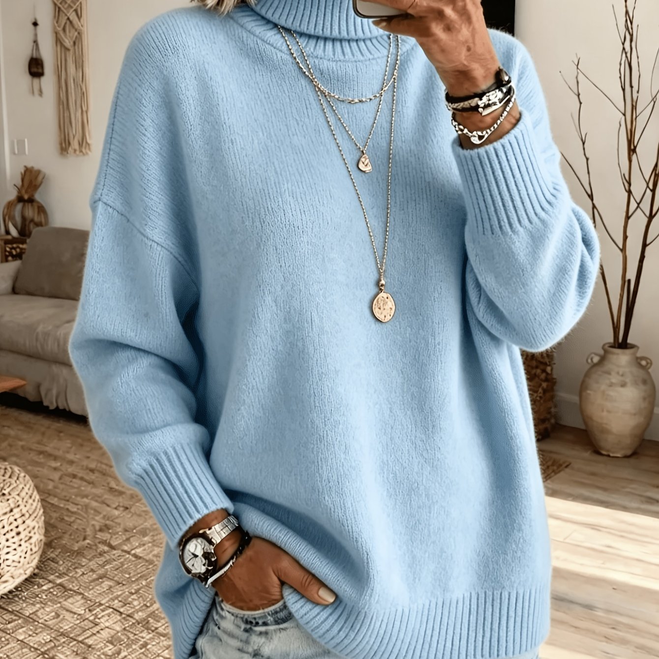 TEMU Plus Size - Women's Elegant Casual Cute Sexy Turtleneck Sweatshirt Solid Long Sleeve Sweater Top Versatile Easy Warm Base Layer Pullover