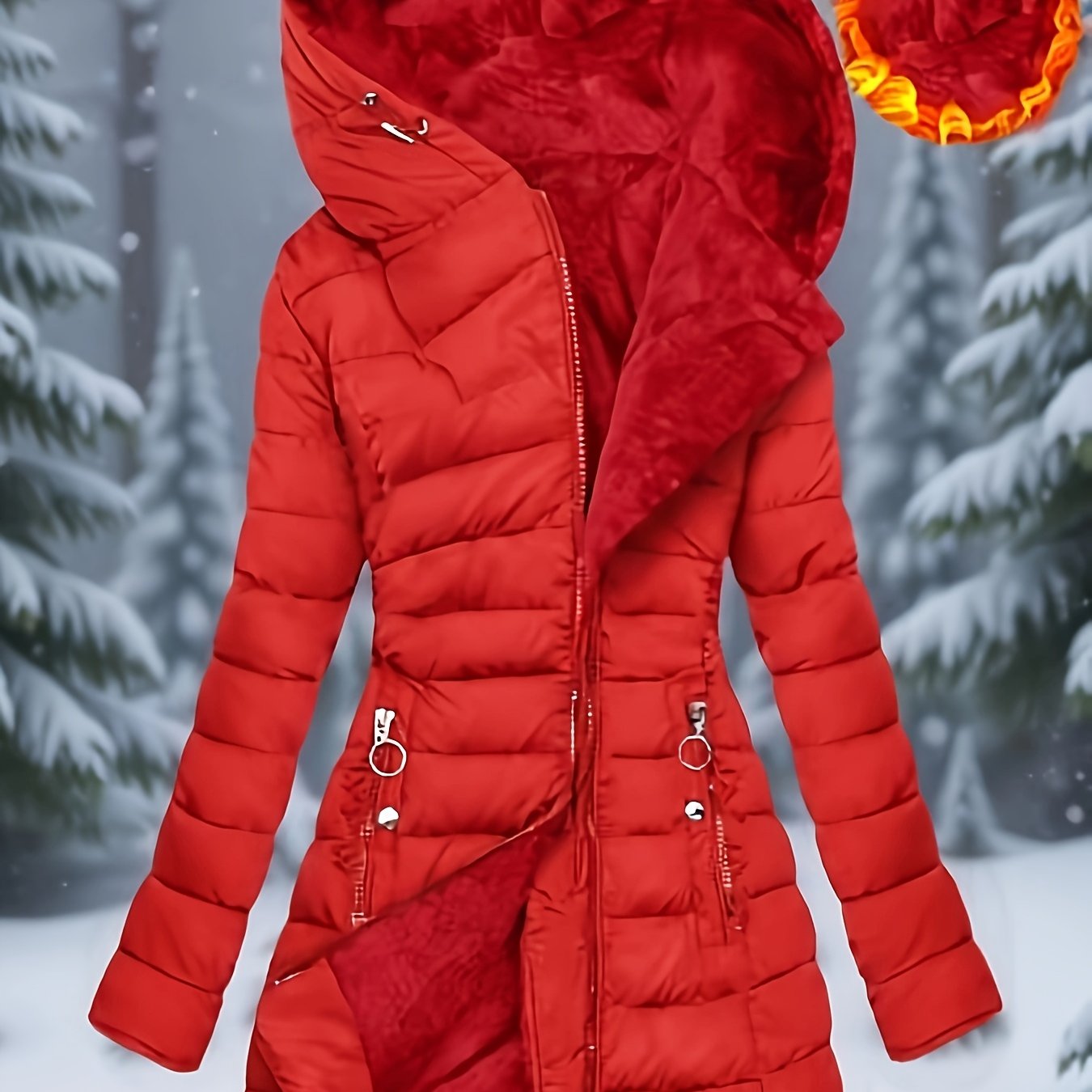 TEMU Women' Color Mid-length Padded Coat Zipper Long Sleeve Slim Fit Jacket With Front Pockets