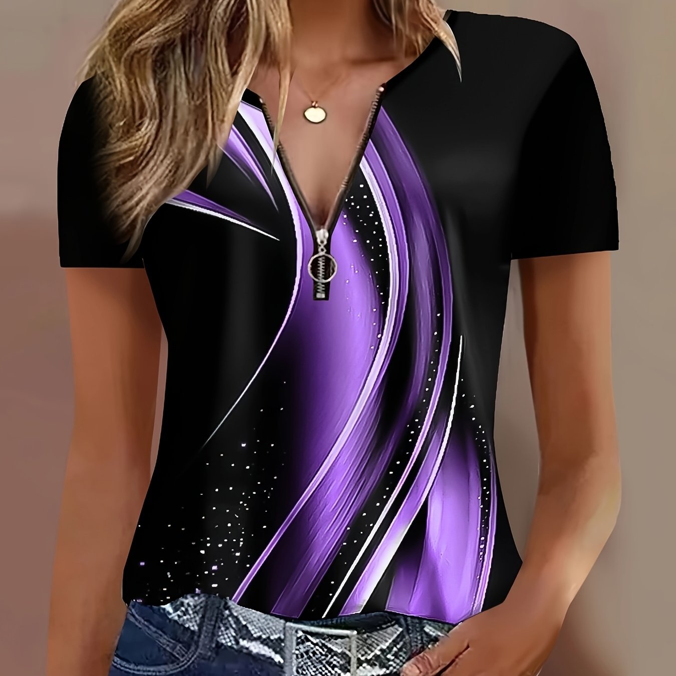 Zippered Short-sleeve Printed Top, Internet-famous