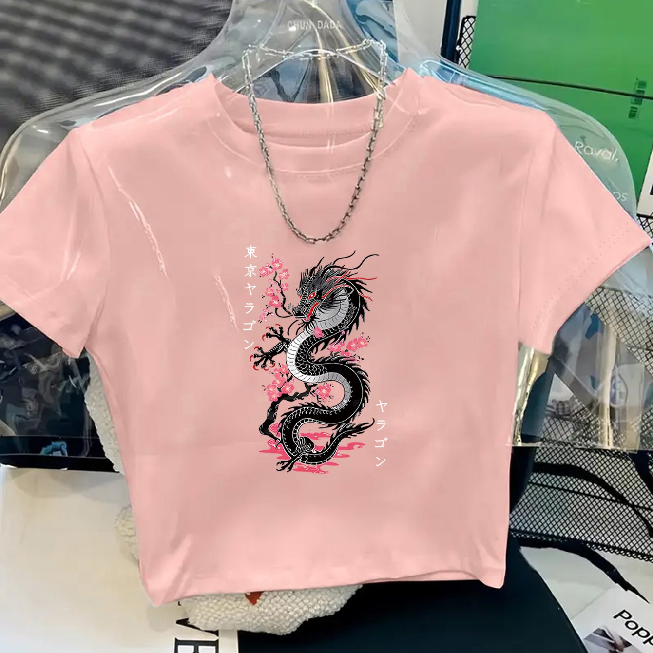 TEMU 1pc Women's Y2k Style Tokyo Cherry Black Dragon Totem 2d Print Short Sleeve Crop T-shirt, Trendy Streetwear