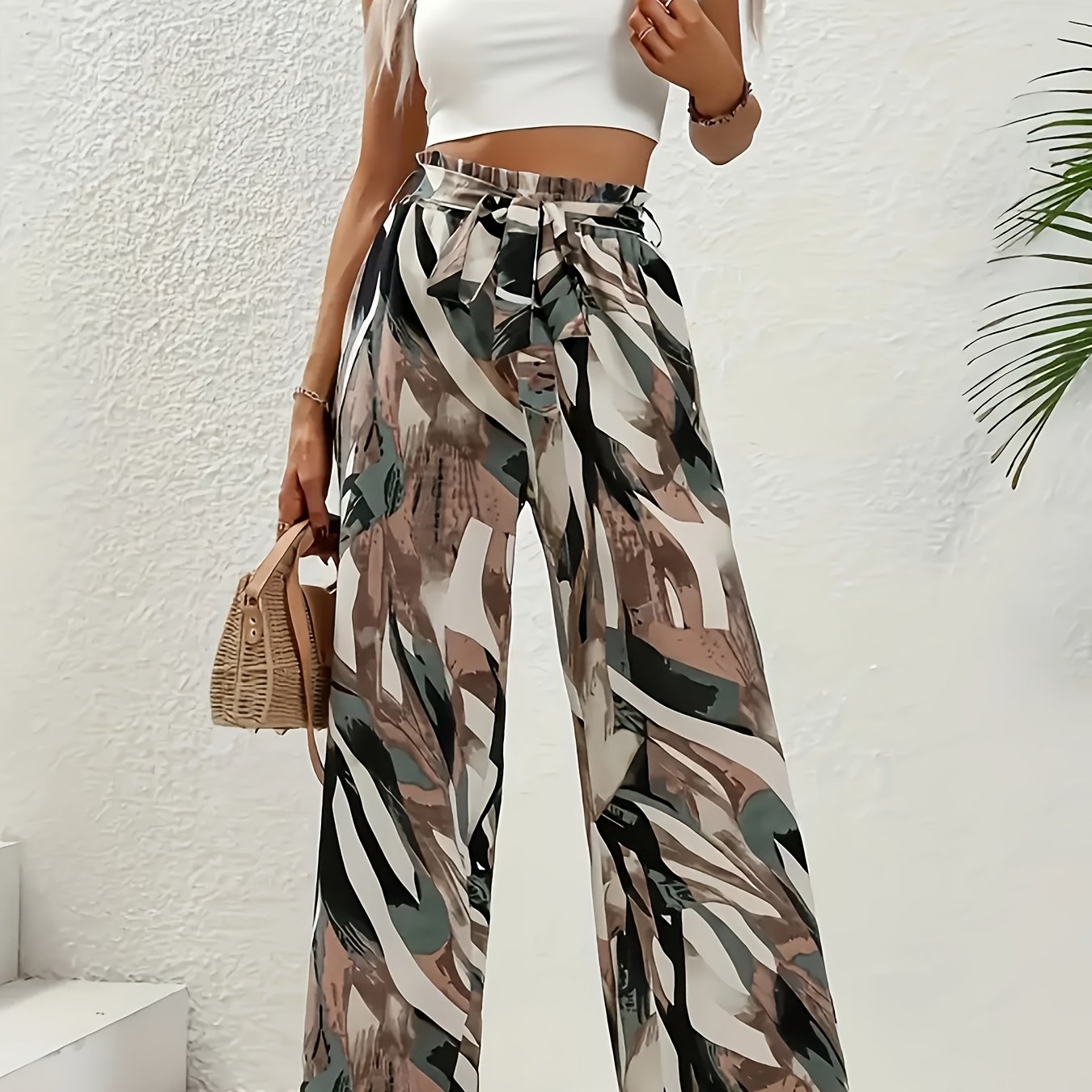 E-shop 1 Stück Elegante Leggings mit geometrischem Print und Seitengurten, Damenstil, Twill-Gewebe, Ganzjahres-Hosen für Erwachsene, mit Kordelzug