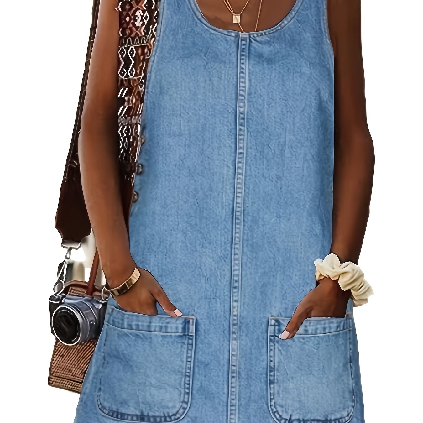 TEMU Women's Vintage Sleeveless Denim Overalls Dress With Pockets - Casual Loose Fit, Knee-length, Blend, Blue, Casual Attire Or , Denim Dress