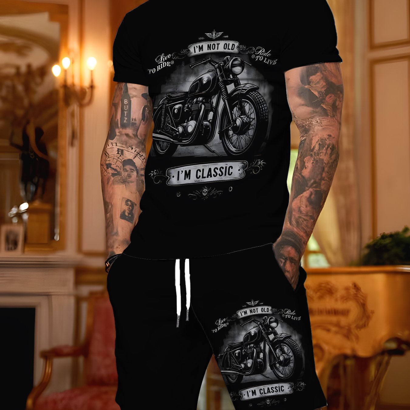 TEMU Men's Fashion Casual Short-sleeve And Shorts 2pcs Set, Black With Vintage Motorcycle Print, Comfortable And Breathable, Suitable For Daily Wear
