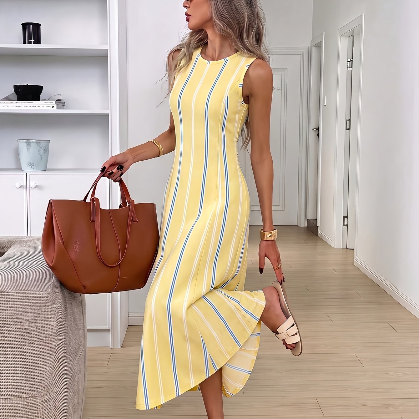 TEMU Women's Casual French Cream Yellow Striped Print Sleeveless Round Neck Waist-cinching Elegant Long Dress, Vacation Summer