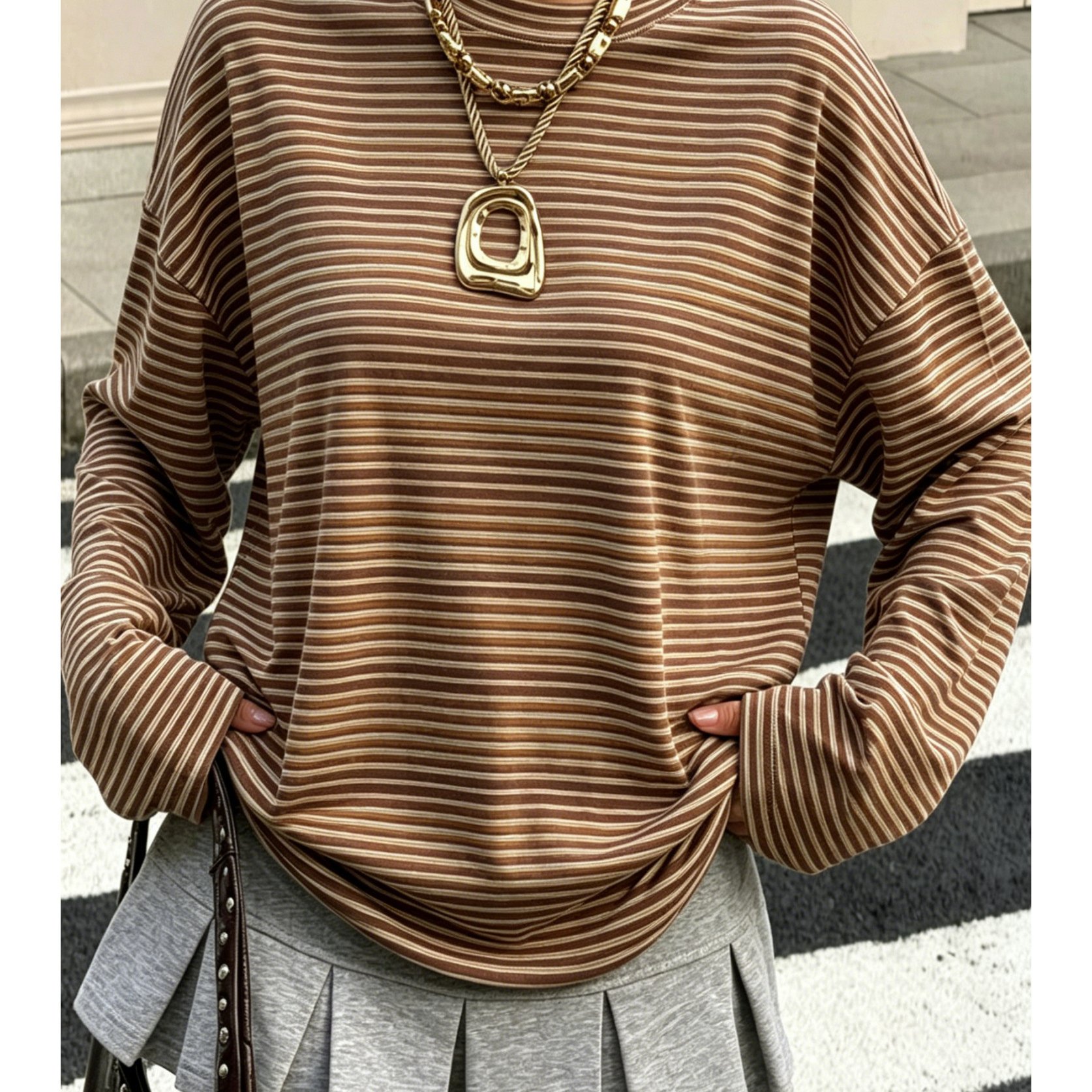 TEMU Plus Size, Women' Size & Coffee Striped Top - Oversized Loose Fit Slouchy Shirt, Round Neck Long Sleeve Base Layer Suitable For - Layering,