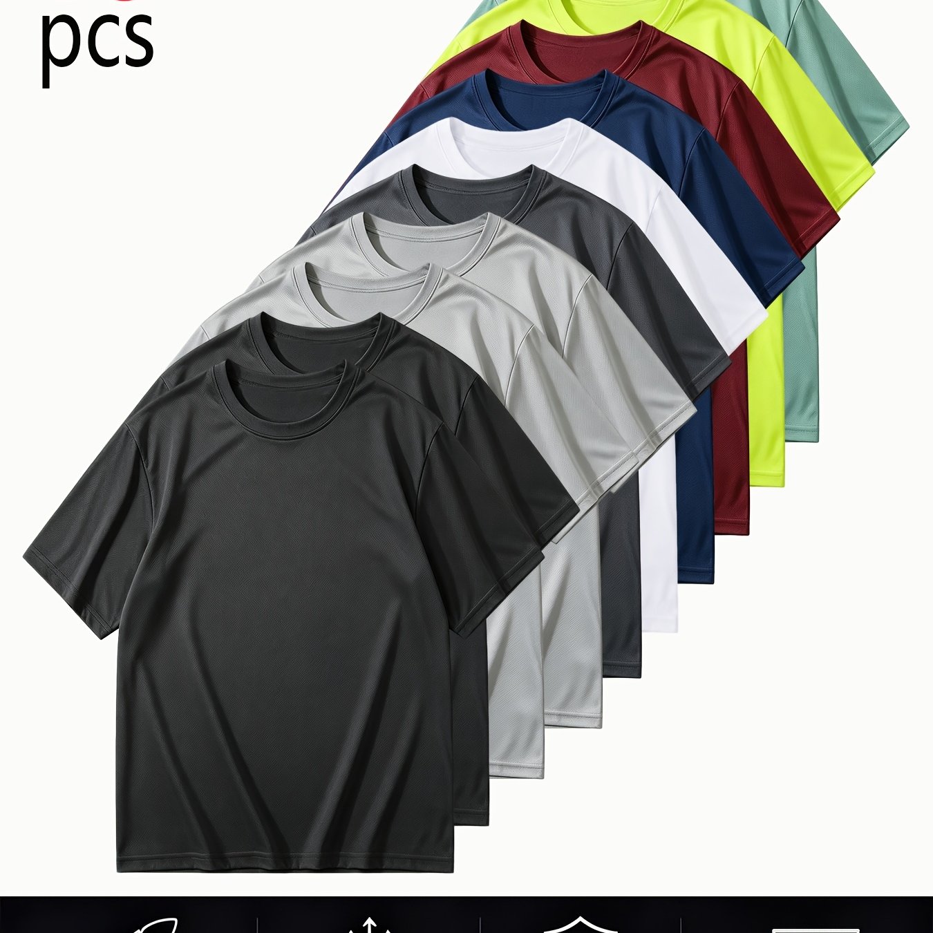 TEMU 10pcs Set, Men's Plus Size Casual Sports Short Sleeved T-shirt, Breathable Quick Drying Round Neck Training Sports Short Sleeved Top, Suitable