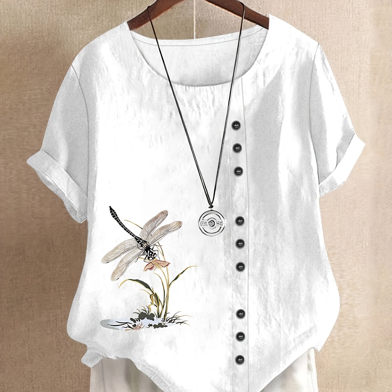 TEMU Shirt, New Casual Loose-fit Printed Short-sleeve Pullover, Women's Clothing, Round Neck Short-sleeve Button-up Shirt Top, Spring/summer