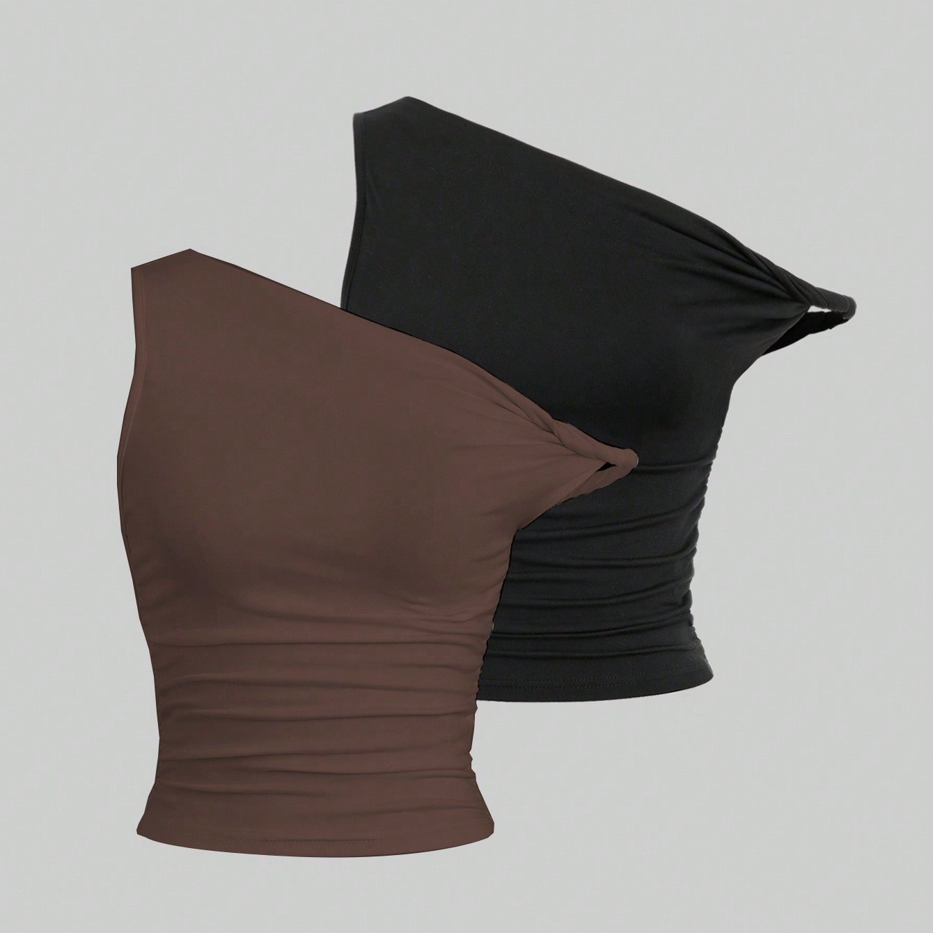 TEMU Fashion Versatile Irregular Off-shoulder Ruched Women' Solid-colored Vest 2pcs Set