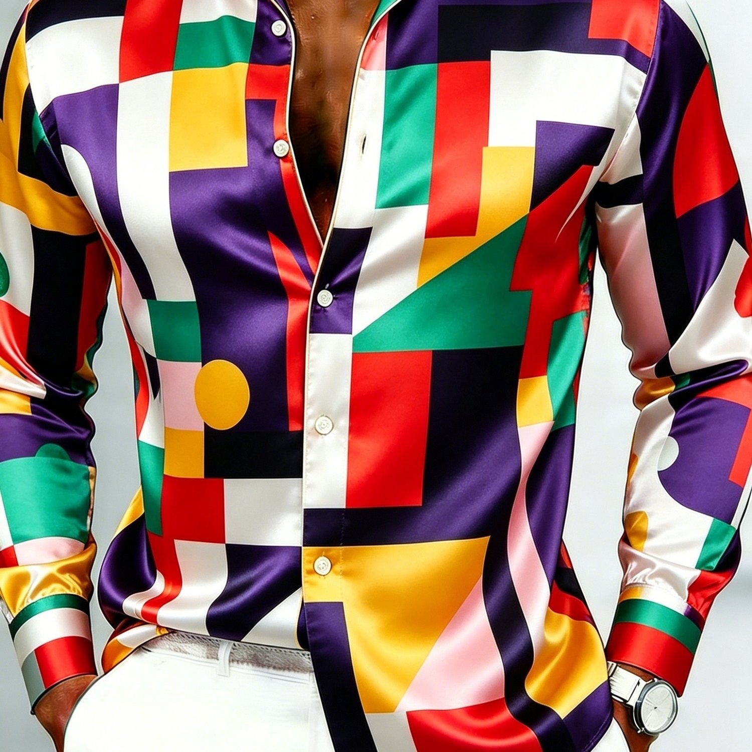 Image of Men's Long Sleeve Printed Shirt Geometric Pattern Color Block Style Retro Fashion Vacation Look Bohemian Vibes
