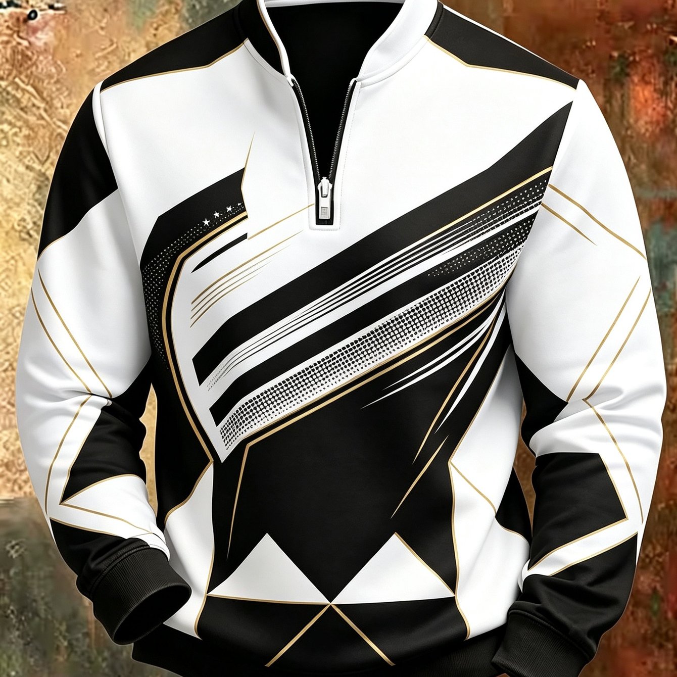 TEMU Men's Autumn Winter Half-zip Stand Collar Pullover Sweatshirt New Arrival White Black Golden Geometric Line Print Premium Sporty Style Daily