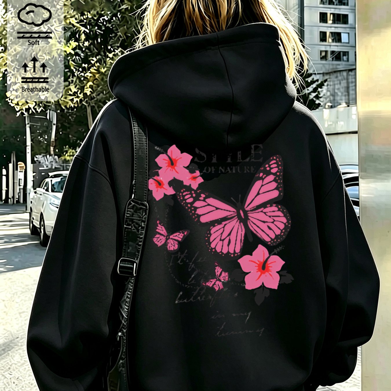 Image of Autumn Winter Women Hoodie With Pink & Flower Y2k Print, Casual Drawstring Pullover